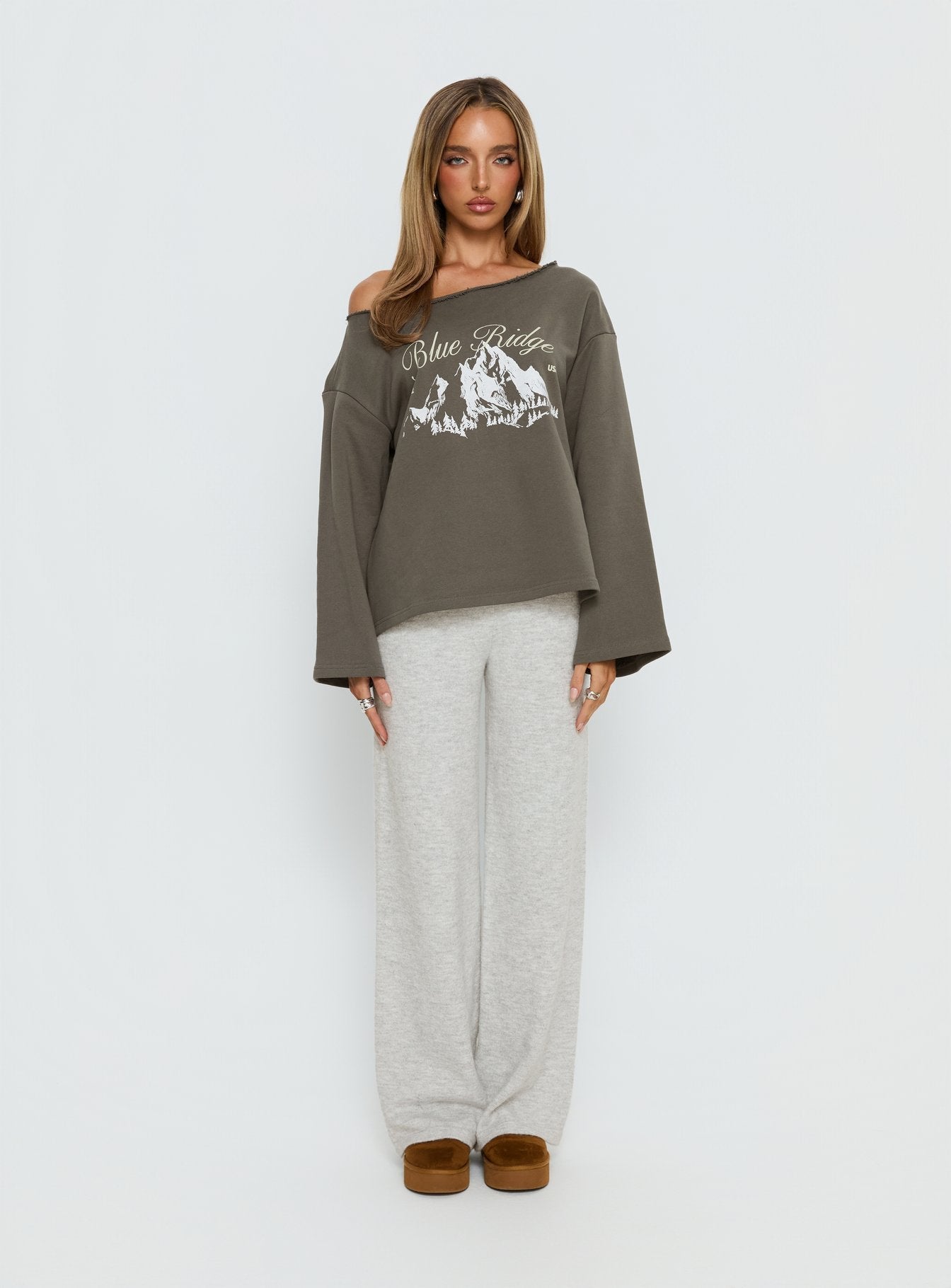 Blue Ridge Mountains Off Shoulder Graphic Sweater Grey