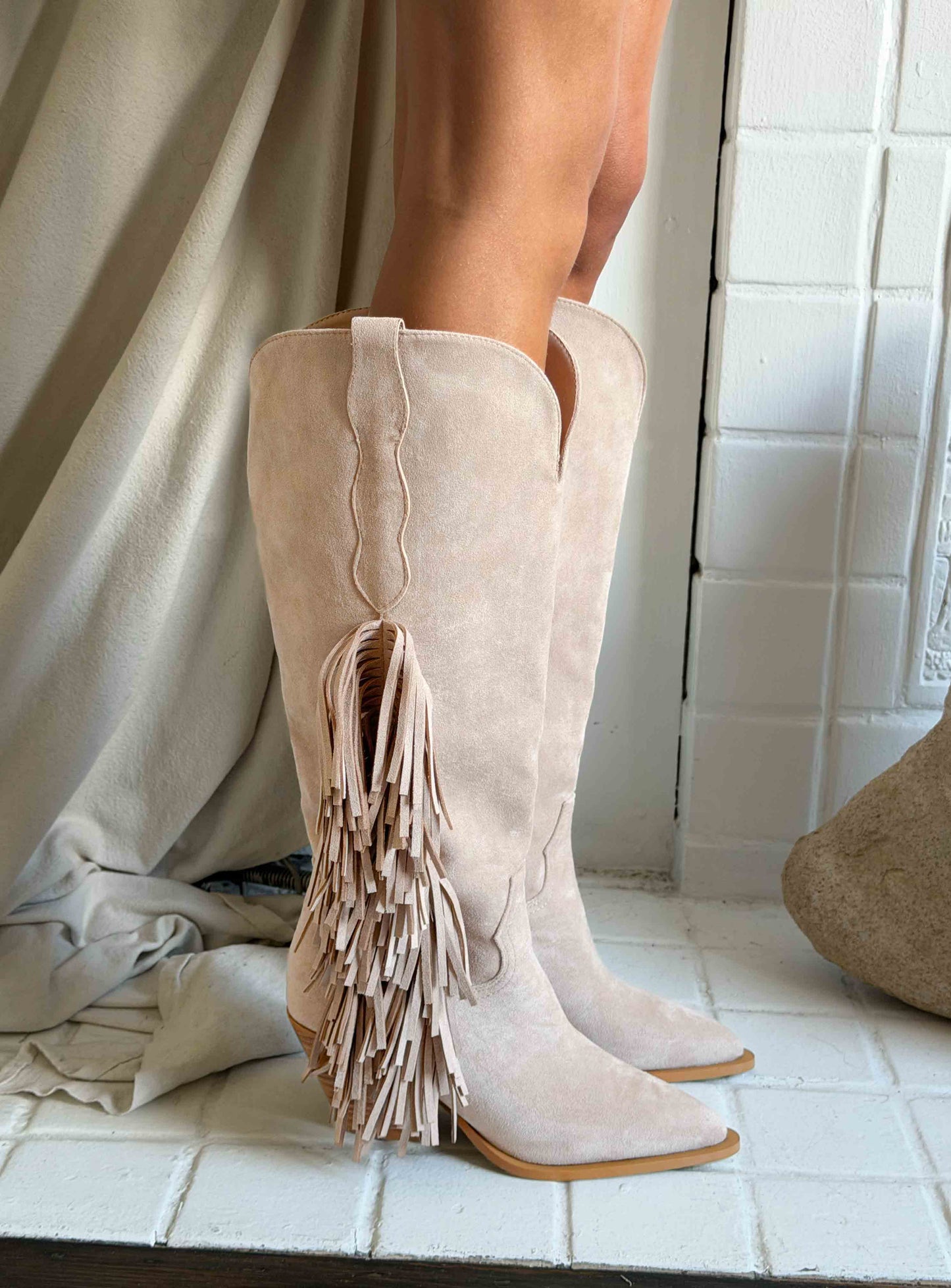 Billini Ardie Faux Suede Tassel Cowboy Boots Light Beige
