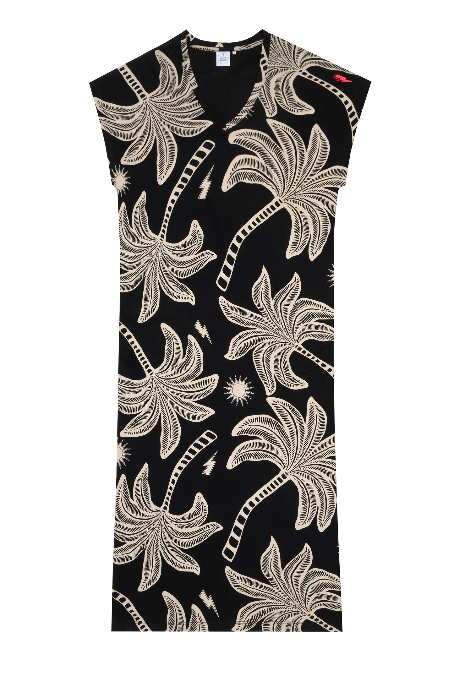 Black with Off White Palm Spring V-Neck Midi T-Shirt Dress