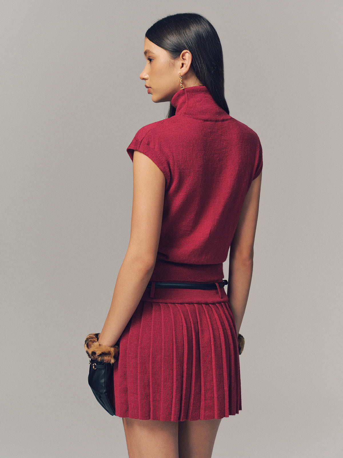 Turtleneck Top & Pleated Mini Skirt Set with Belt