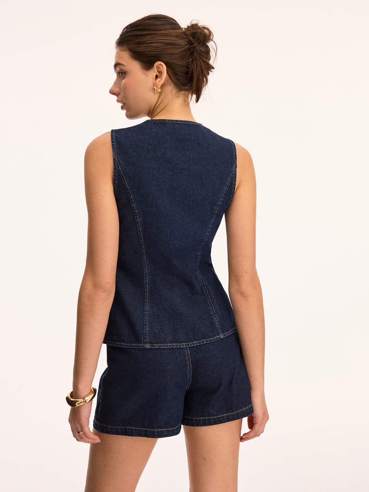 Asymmetrical Button Denim Vest & Shorts Set