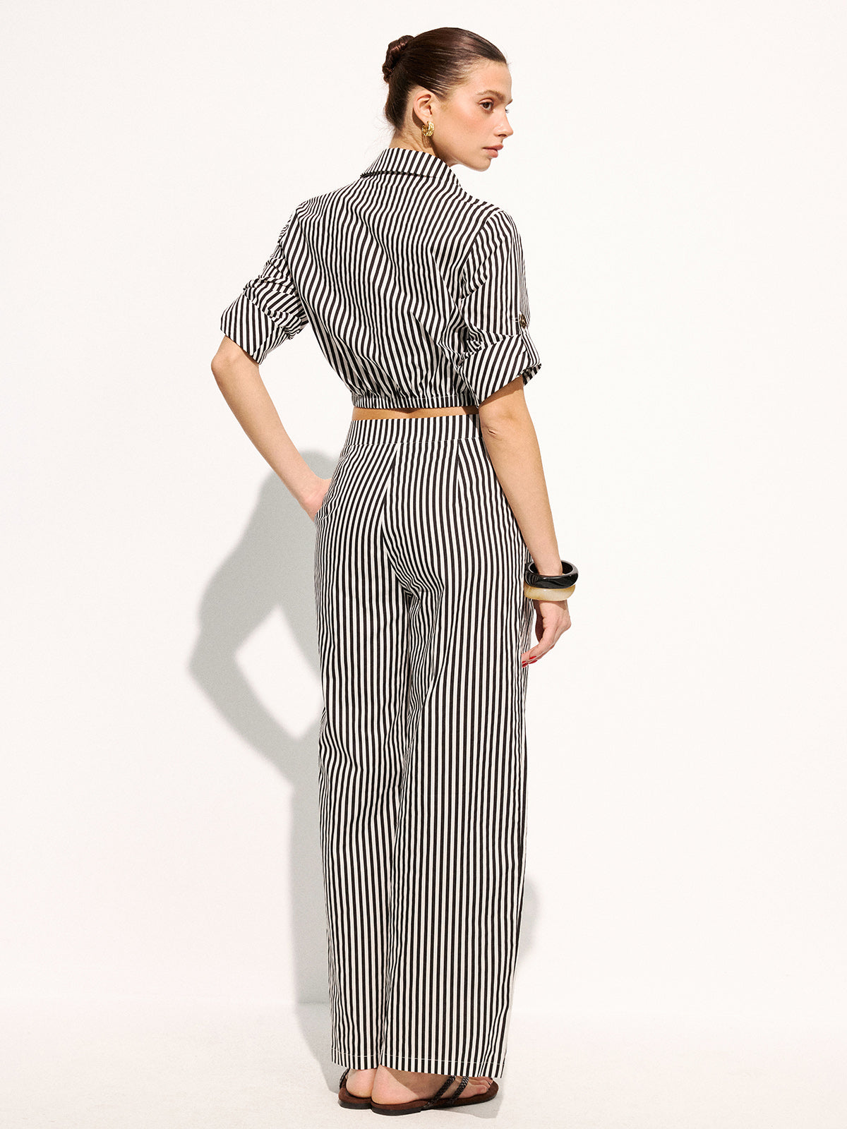 Striped Cropped Shirt & Wide Leg Pants Set