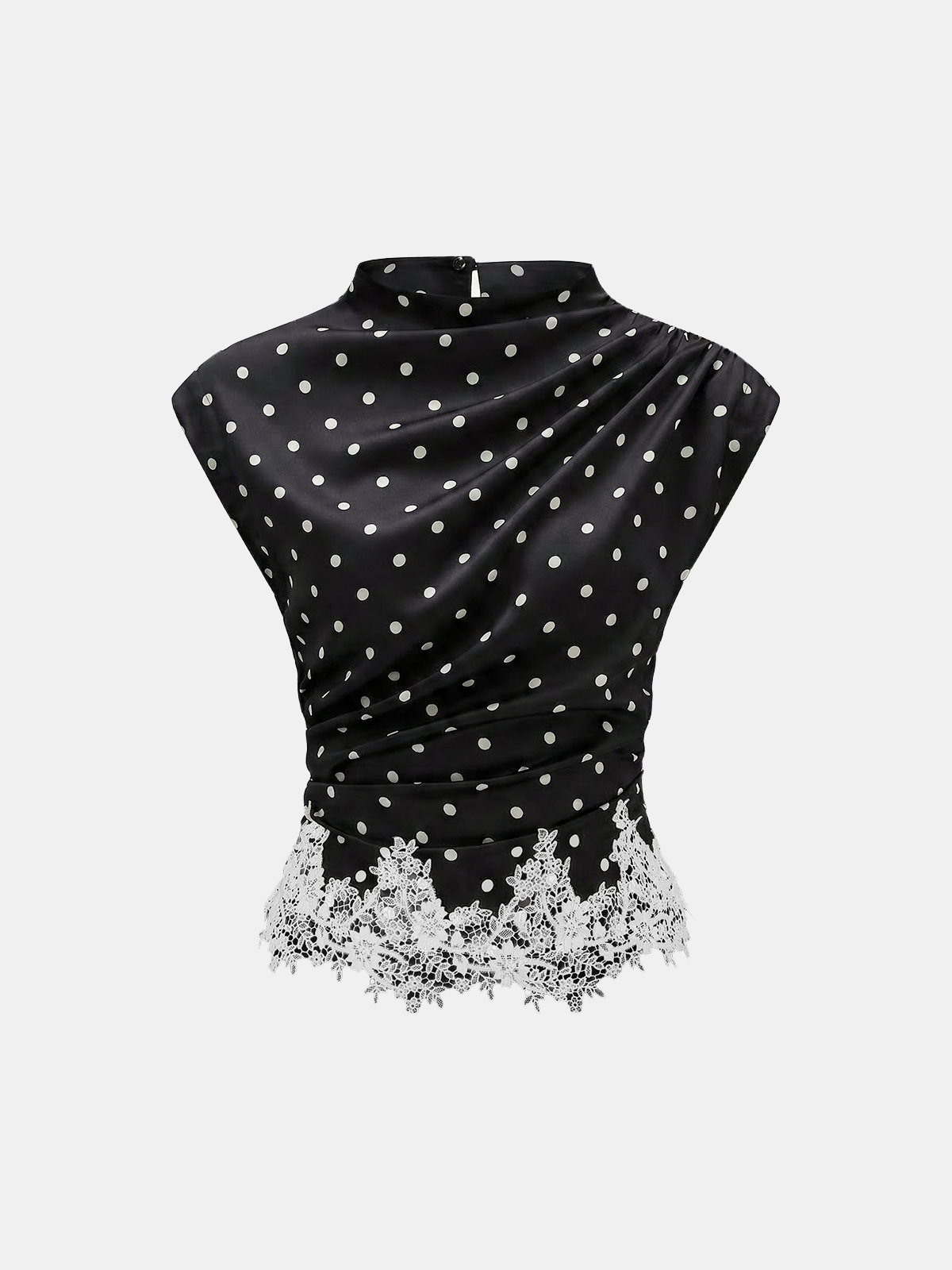 Polka Dot Ruched Lace Hem Sleeveless Blouse