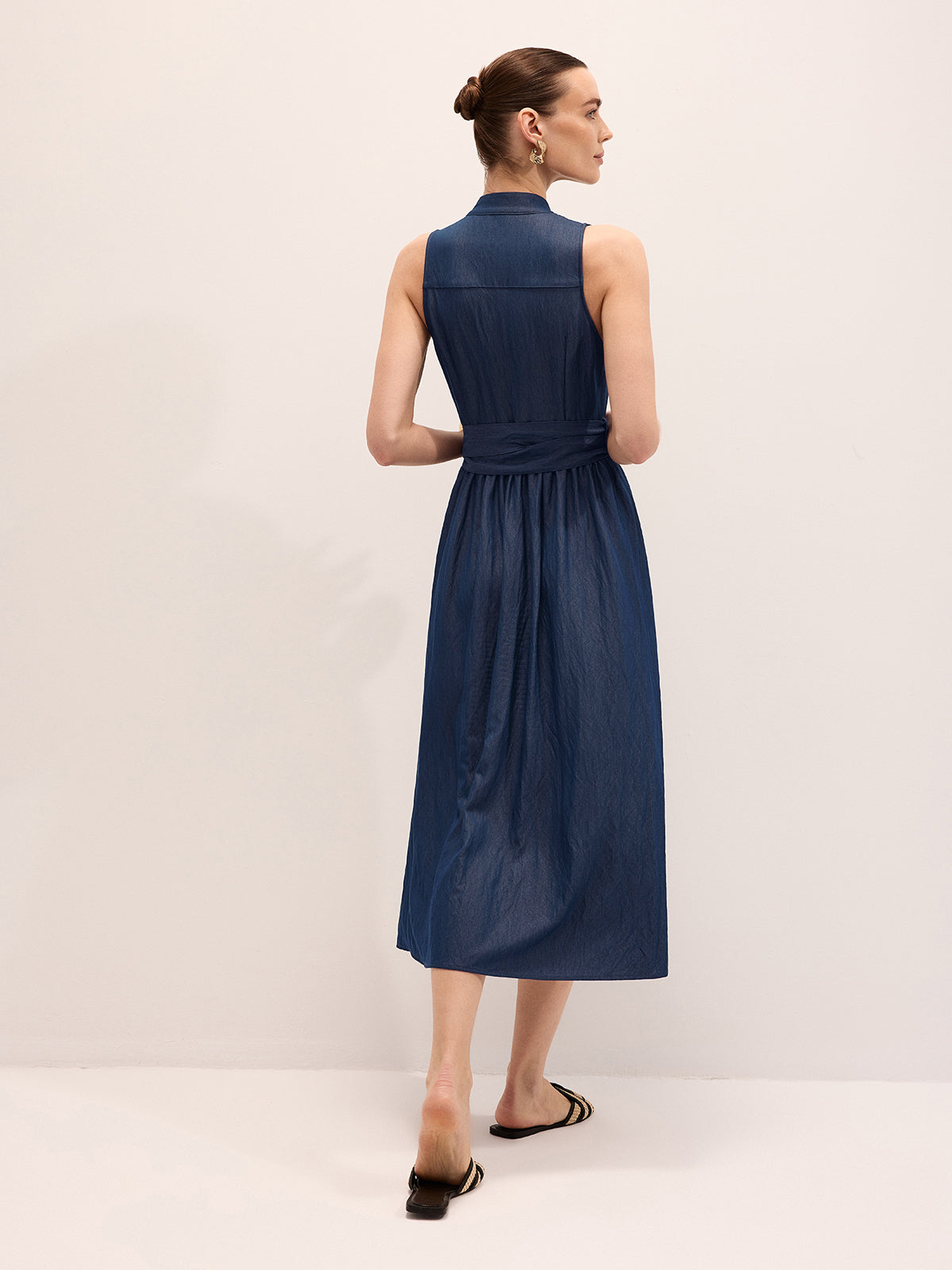 Cotton Blend Sleeveless Belted Maxi Dress