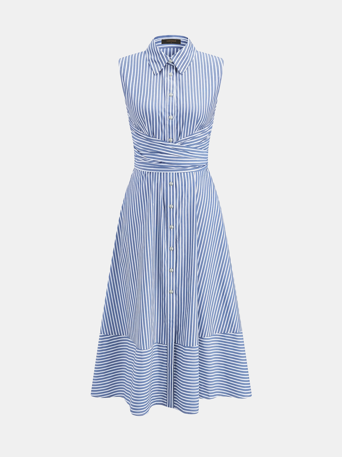 Striped Collared Sleeveless Tie Waist Midi Dress