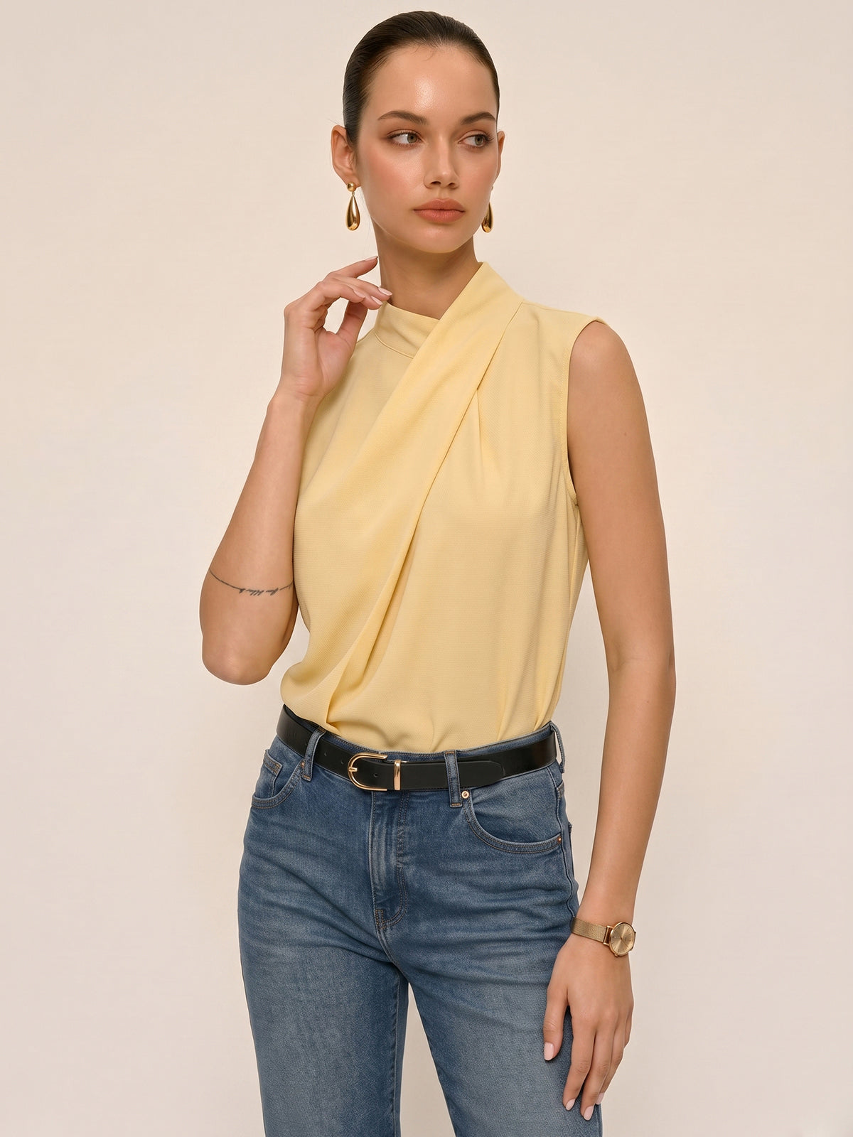 Sleeveless Striped High Neck Blouse