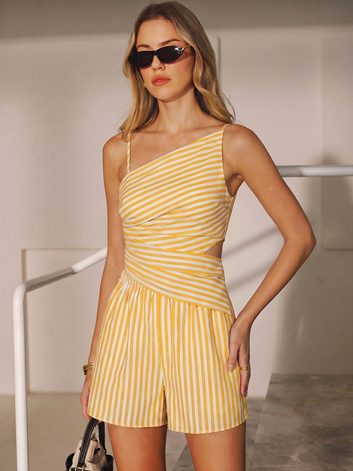 Striped Cotton Blend Cutout Top & Shorts Set
