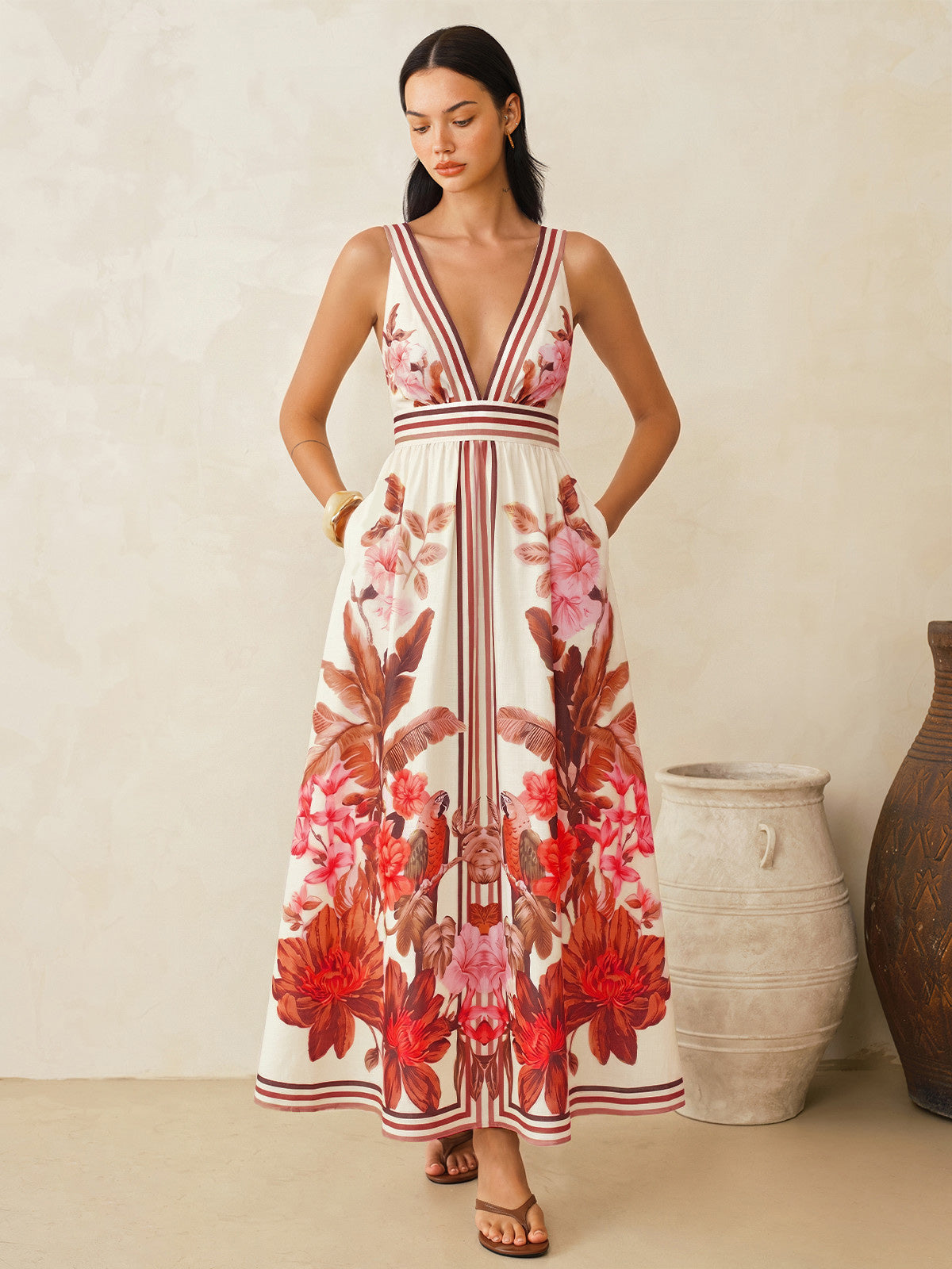 Tropical Floral Print Deep V-Neck Maxi Dress