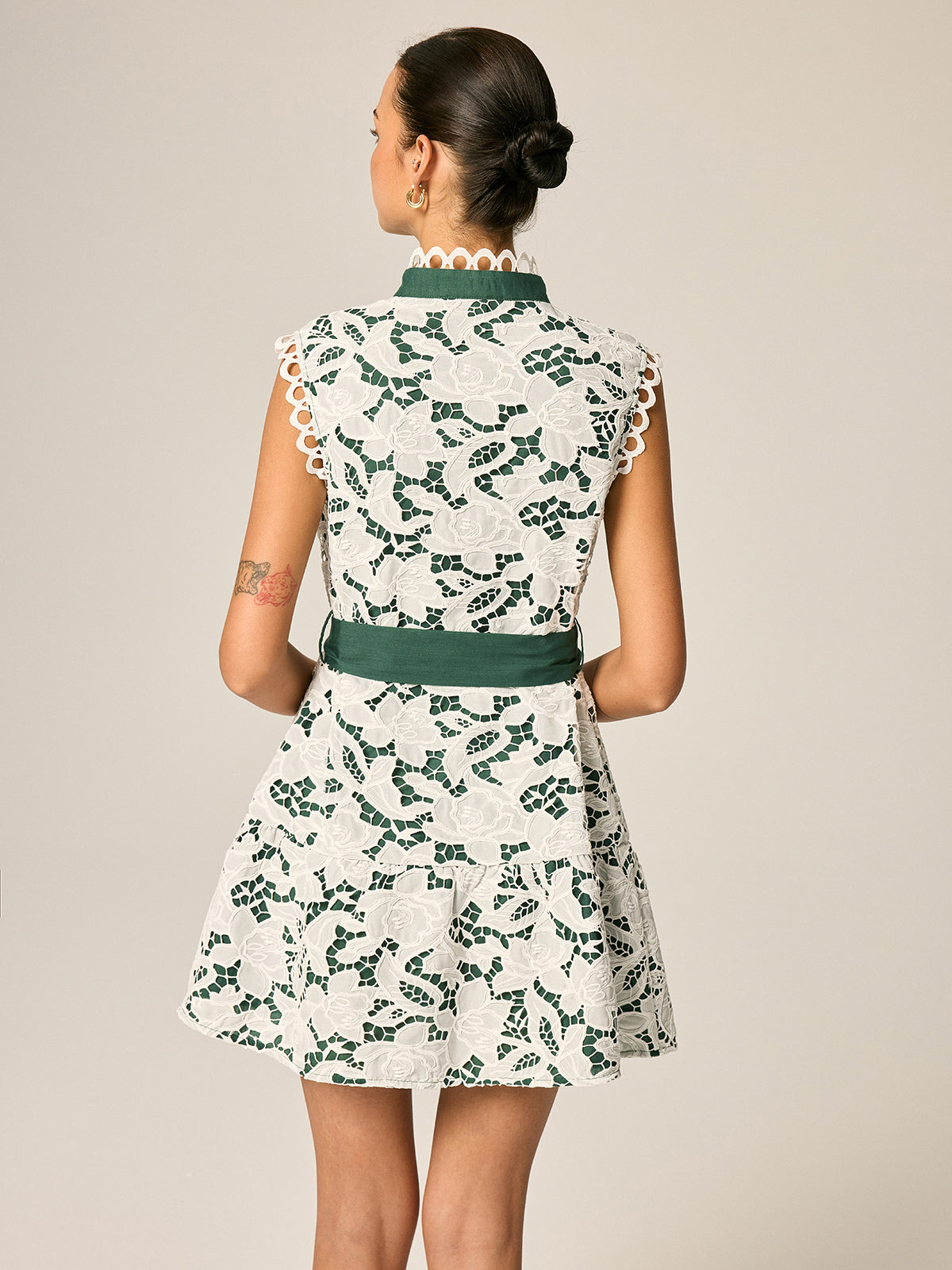 Lace Stand Collar Belted Sleeveless Mini Dress
