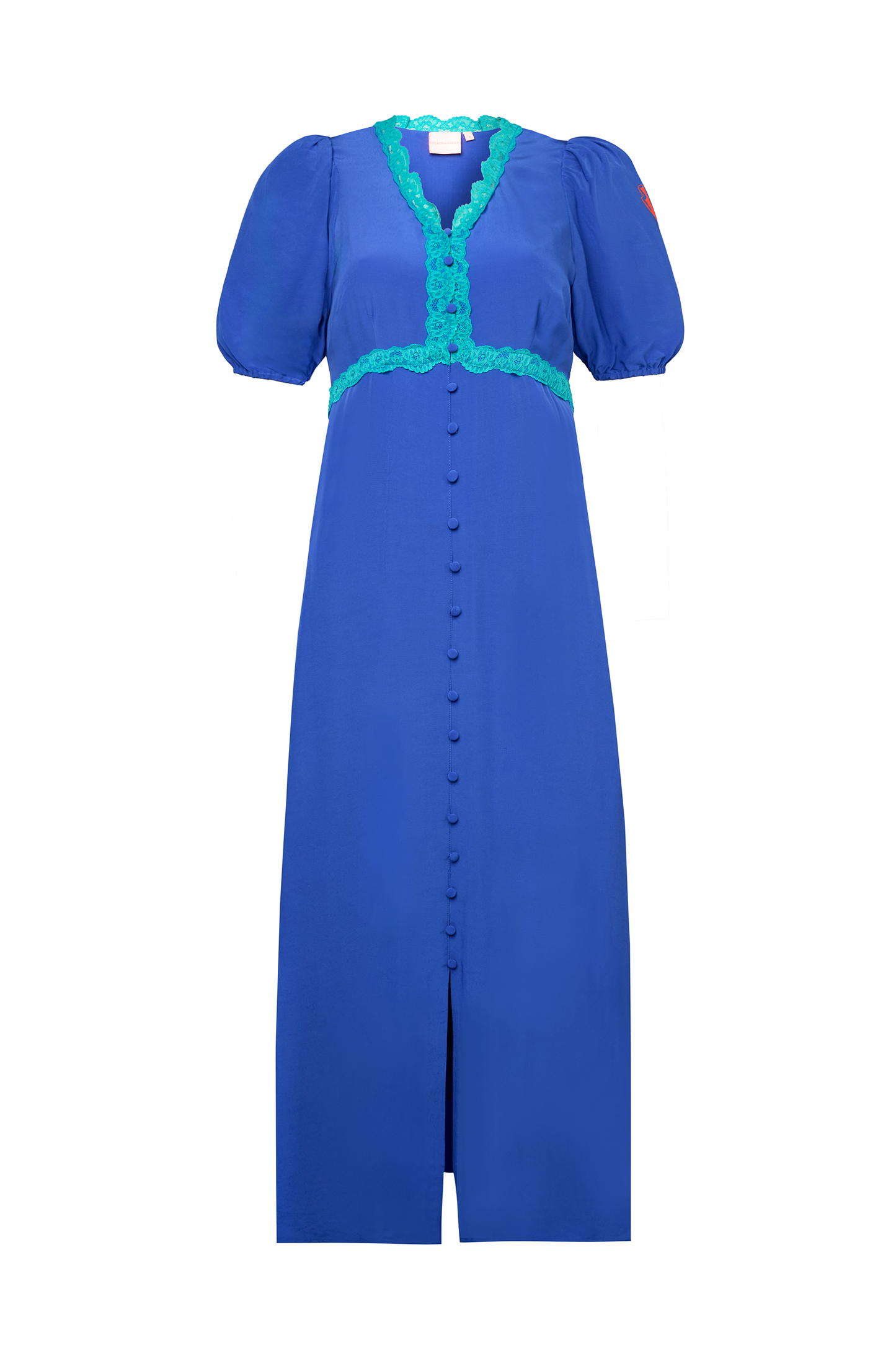 Blue with Green Lace Trim Puff Sleeve Midi Tea Dress