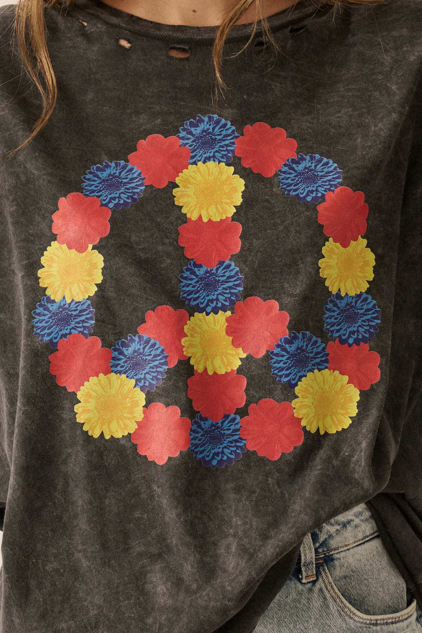 Peace Out Floral Peace Sign Distressed Graphic Tee