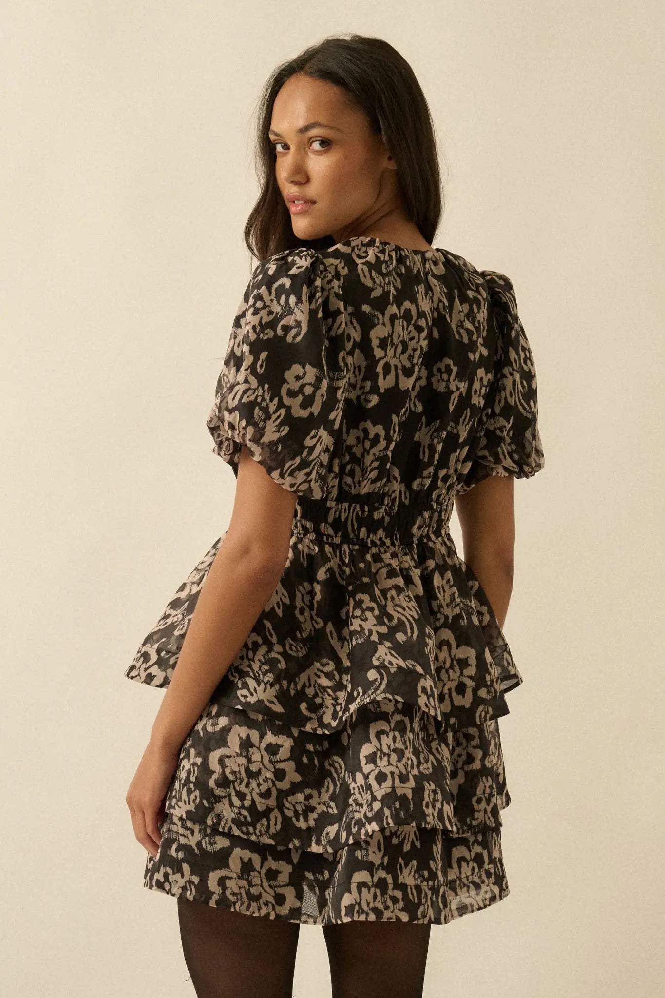 Graceful Blooms Floral Organza Tiered Mini Dress