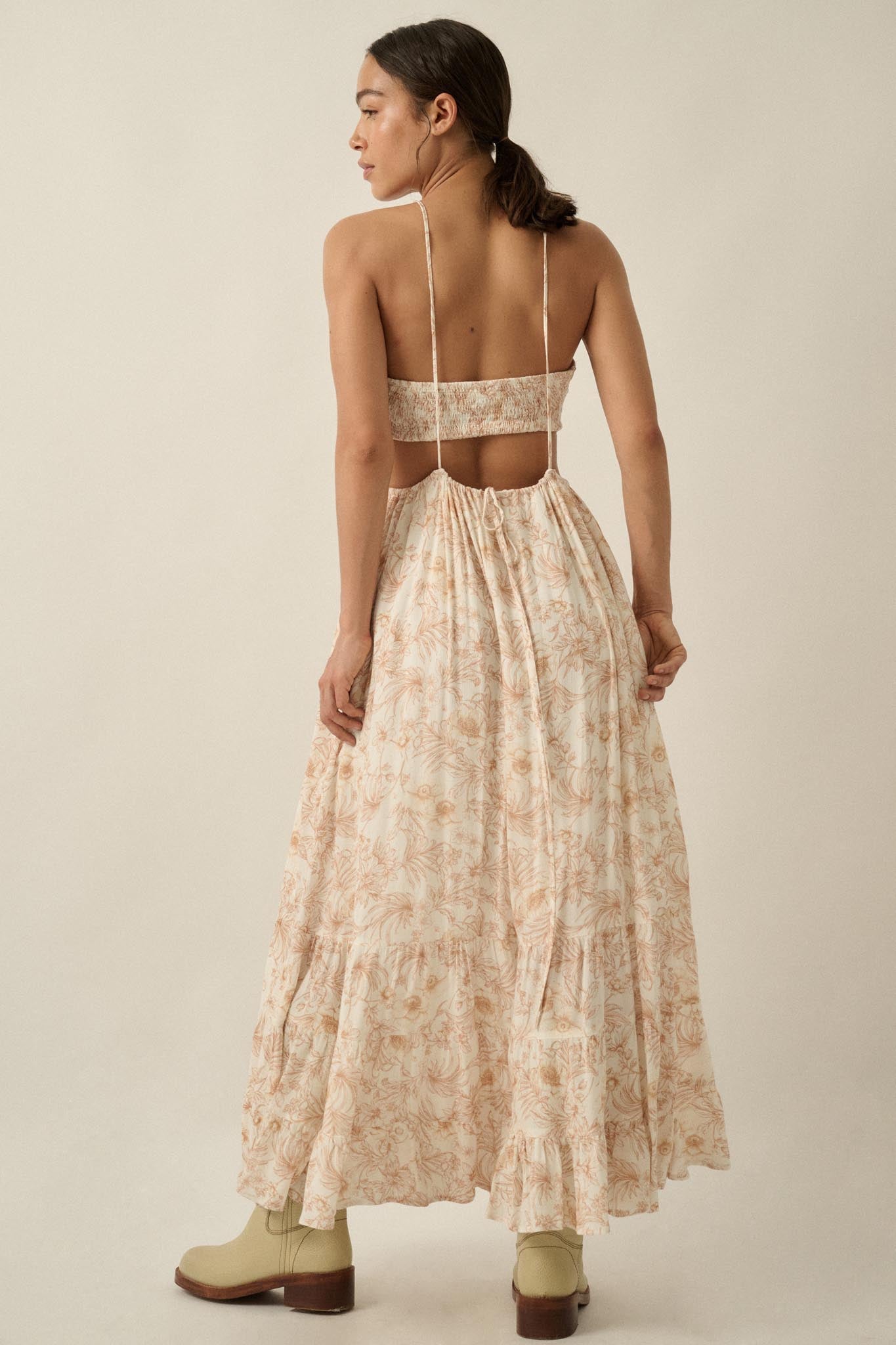 Cherished Blossoms Floral Crepe Halter Maxi Dress
