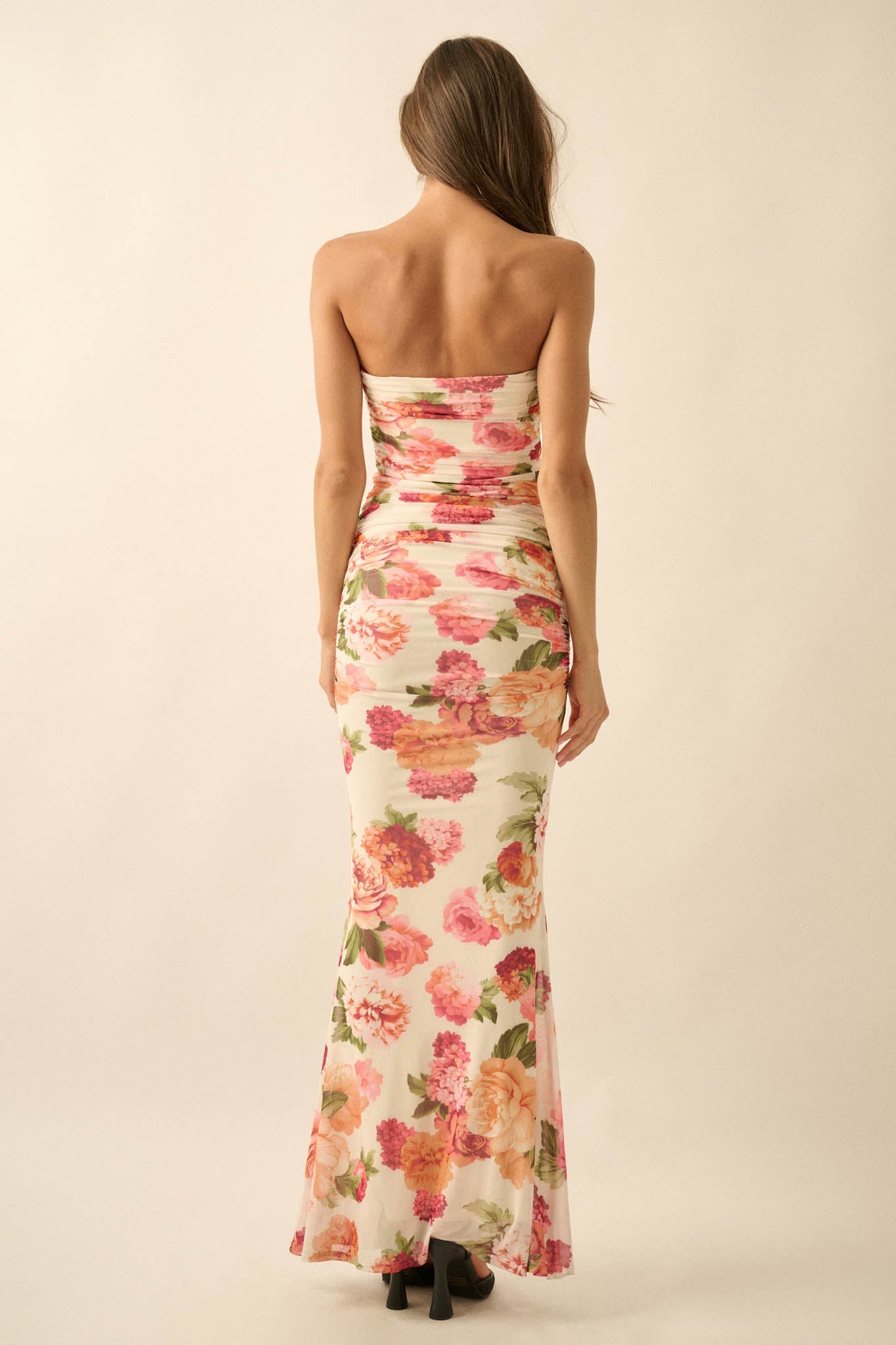 Garden Party Floral Mesh Ruched Strapless Maxi Dress