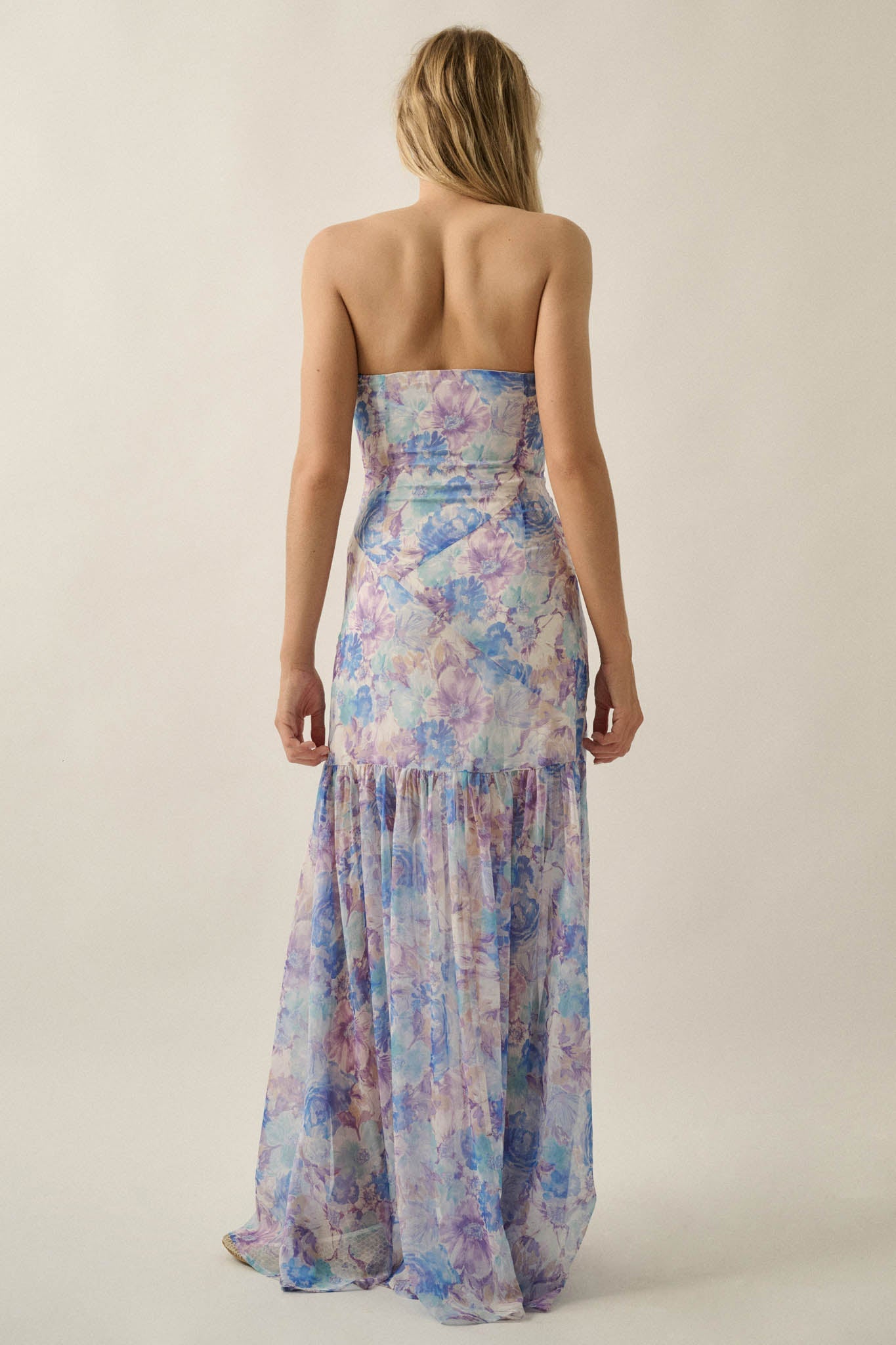 Pastel Petals Floral Chiffon Strapless Maxi Dress