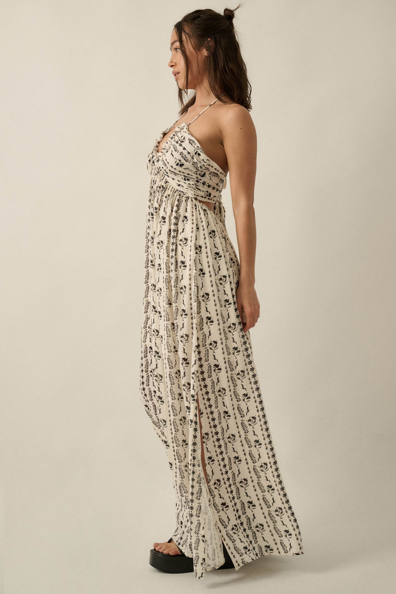Growing My Way Floral-Stripe Crepe Halter Maxi Dress