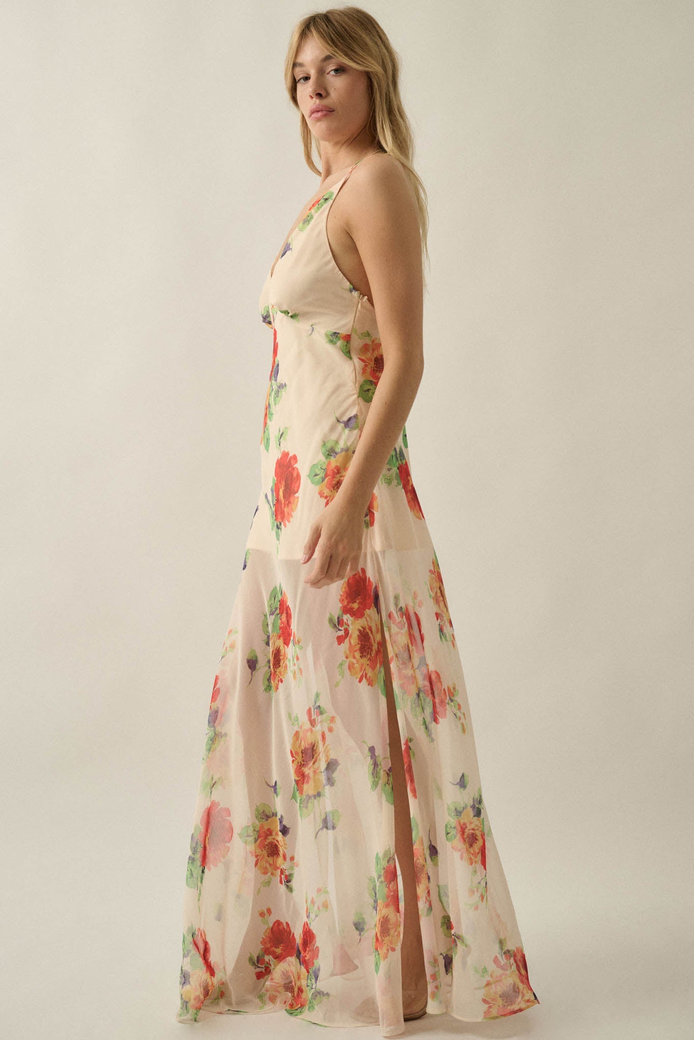 Enchanting Blooms Floral Chiffon Open-Back Maxi Dress