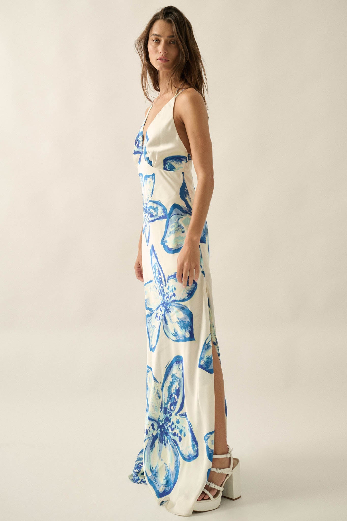 Azure Blossoms Floral Satin Open-Back Maxi Dress