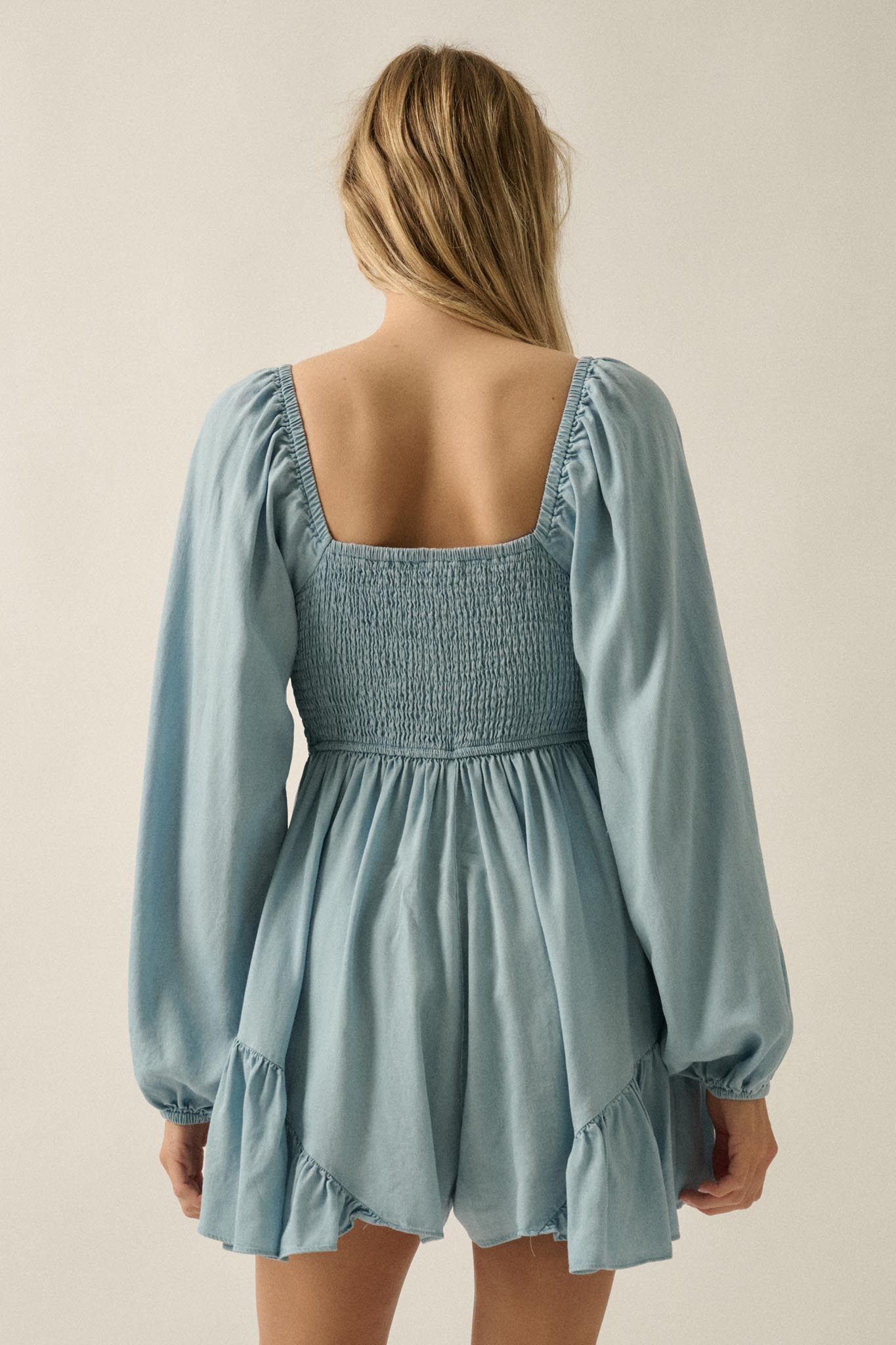 Bright Sky Ruffled Denim Tie-Front Romper