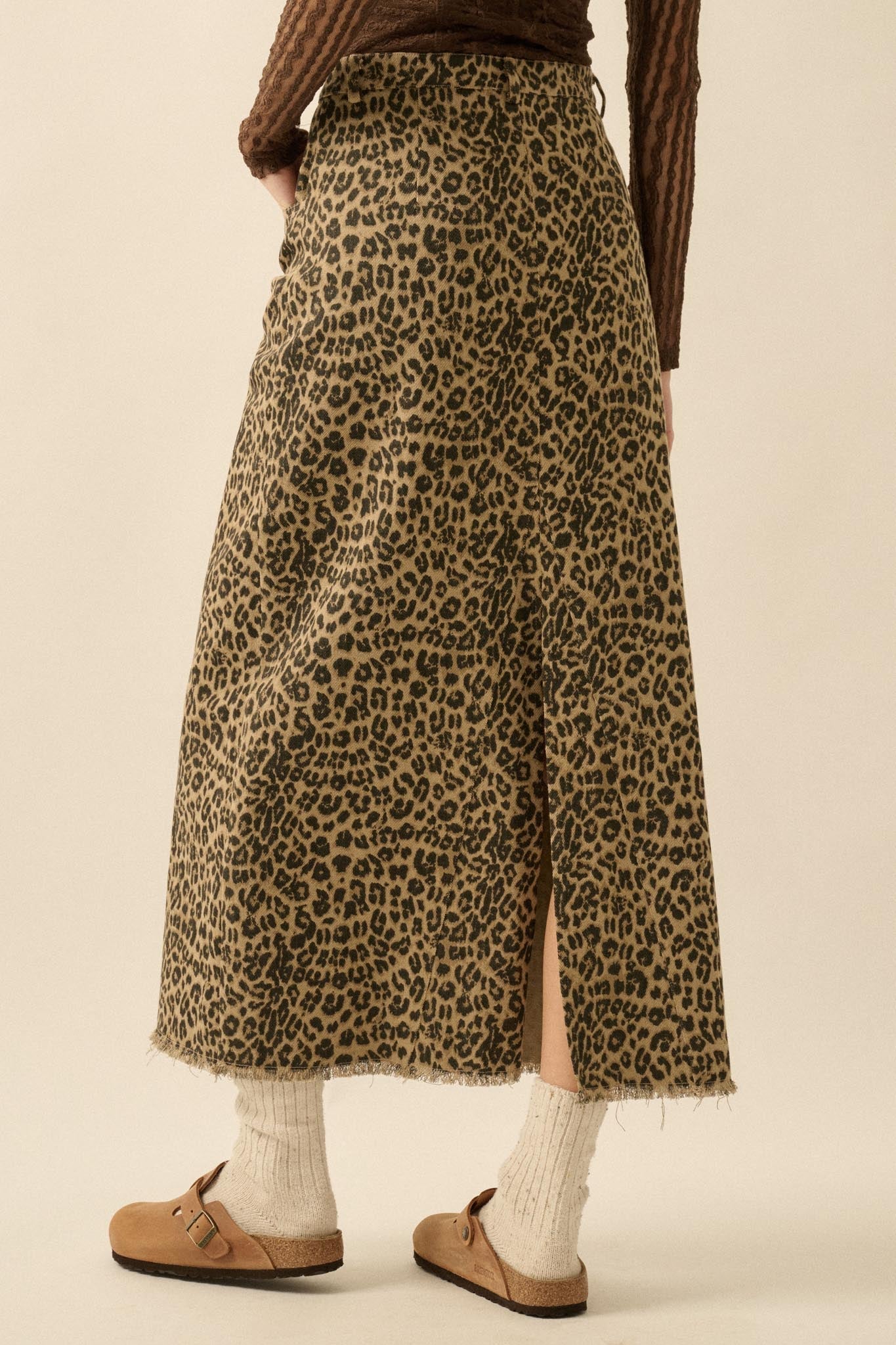 Concrete Jungle Leopard Twill Raw-Edge Midi Skirt