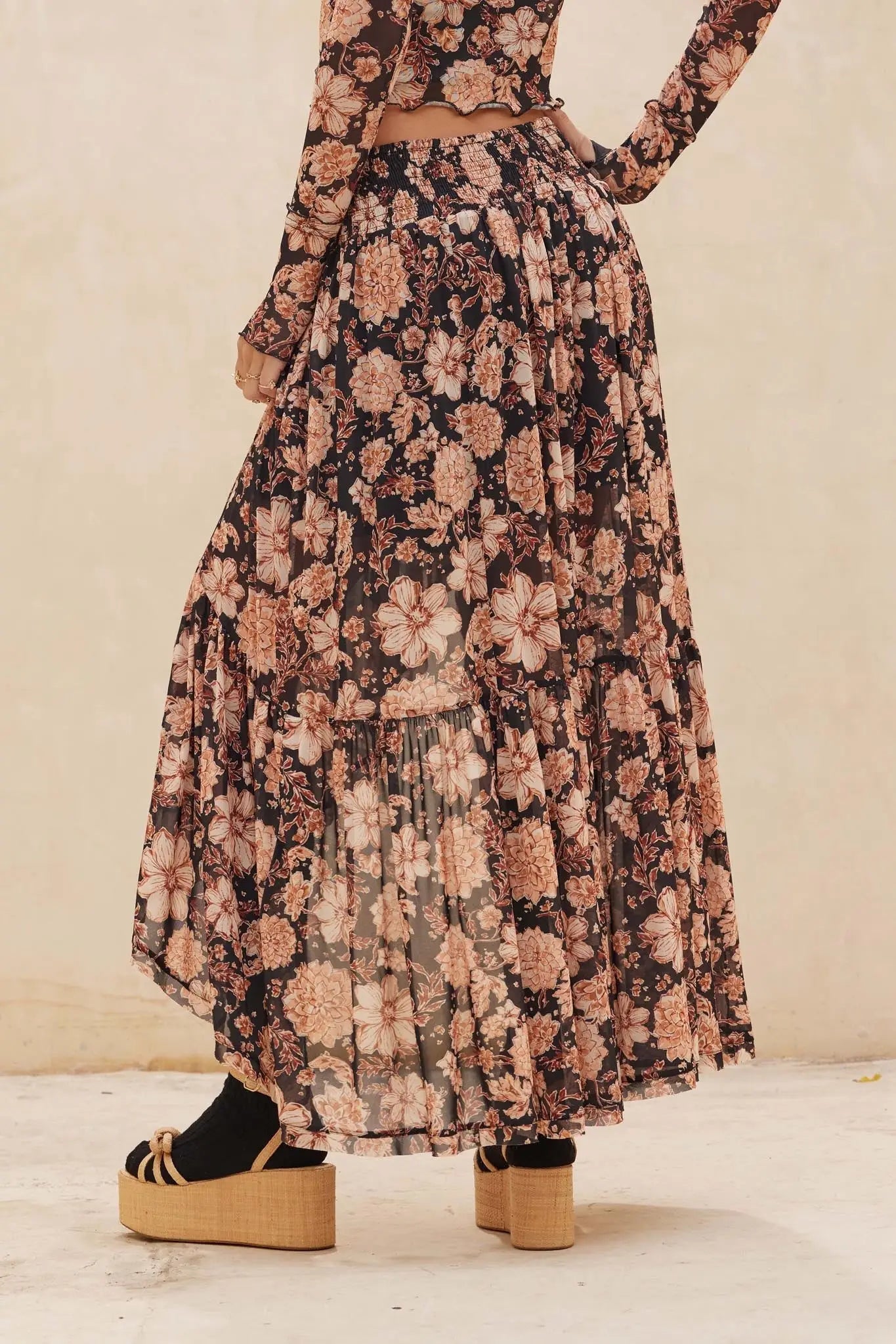 Floral Flourish Mesh High-Low Ruffle Maxi Skirt