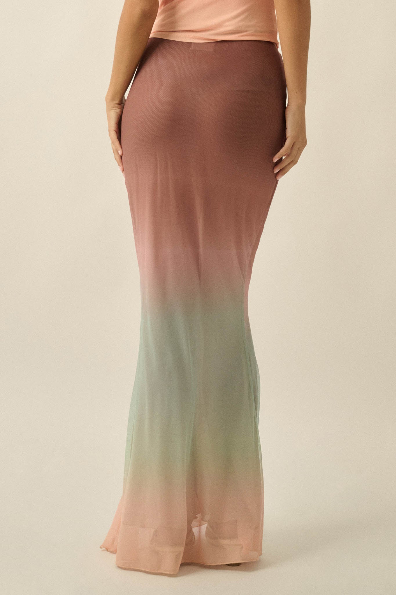 Before Sunset Ombre Mesh Ruched Mermaid Maxi Skirt