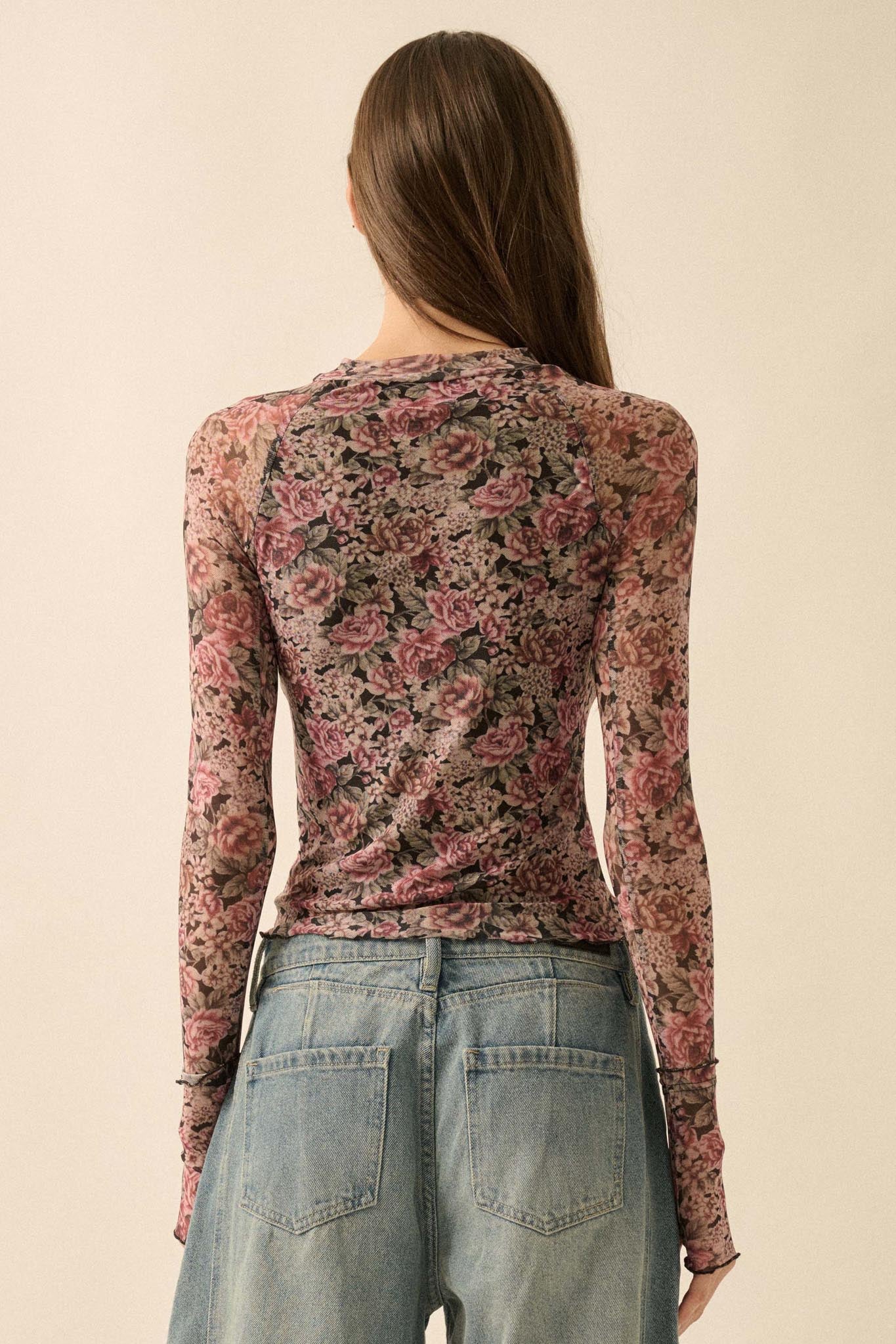 Bed of Roses Floral Mesh Mock-Neck Thumbhole Top