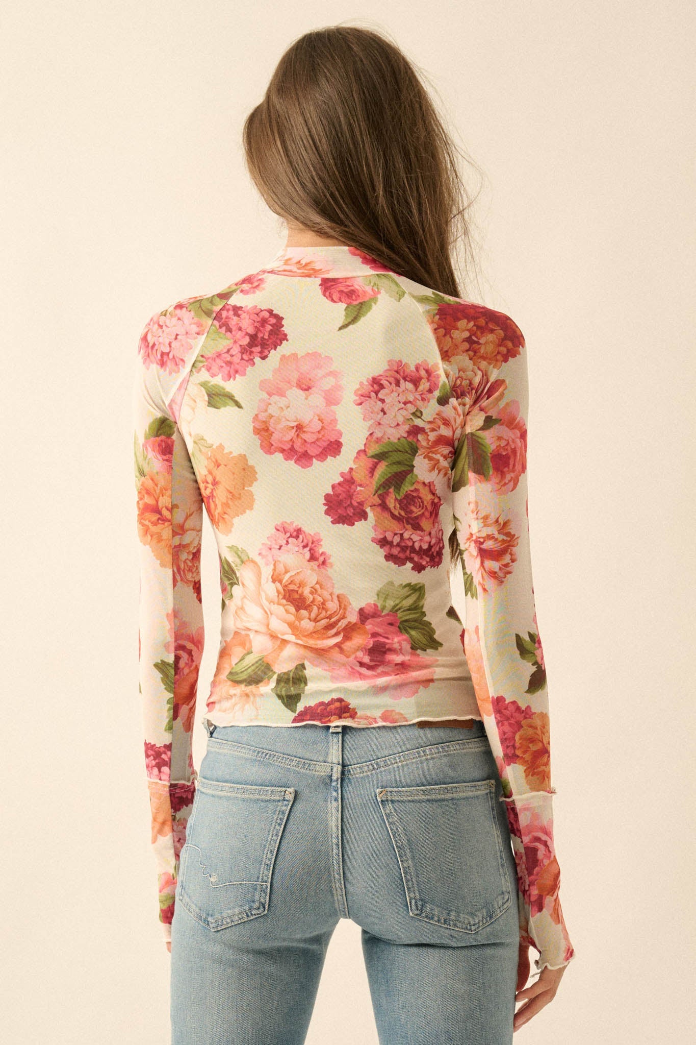Garden Breeze Floral Mesh Mock-Neck Thumbhole Top