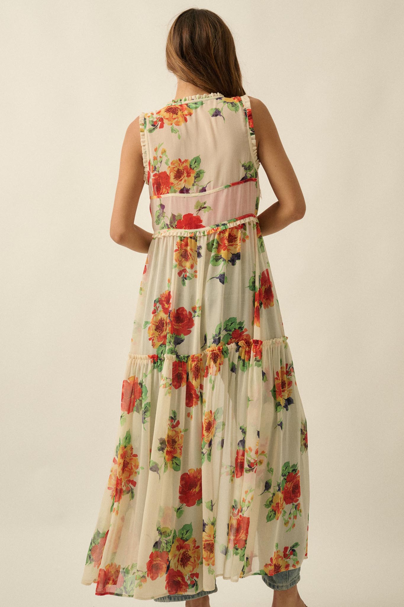 Enchanted Meadow Floral Chiffon Tie-Front Maxi Top