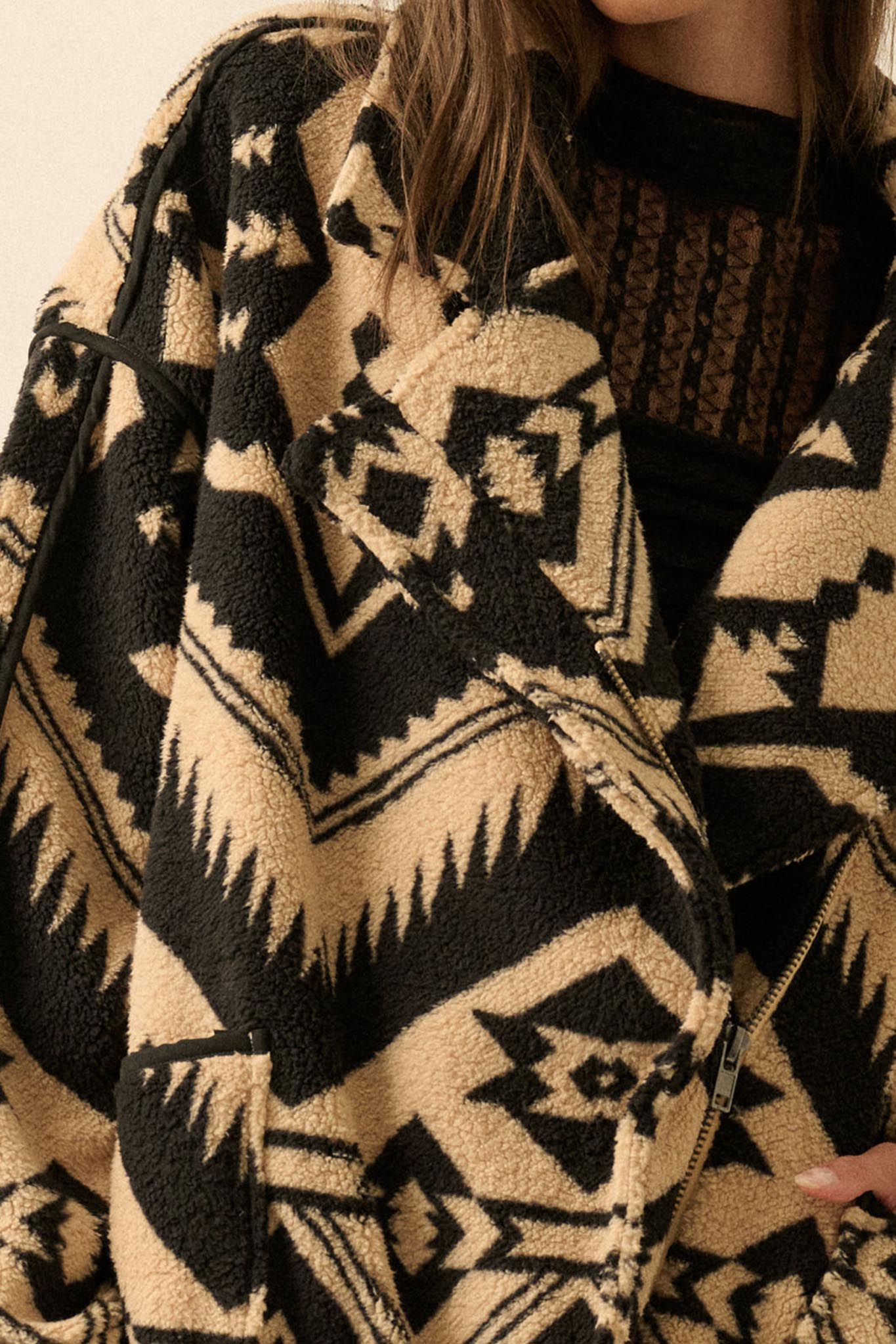 High Plains Geometric-Print Fleece Lapel Jacket