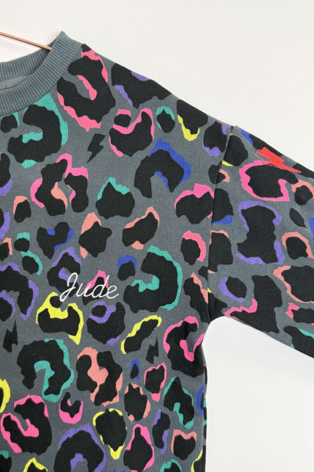 Kids Teal with Rainbow Shadow Leopard Oversized Sweatshirt