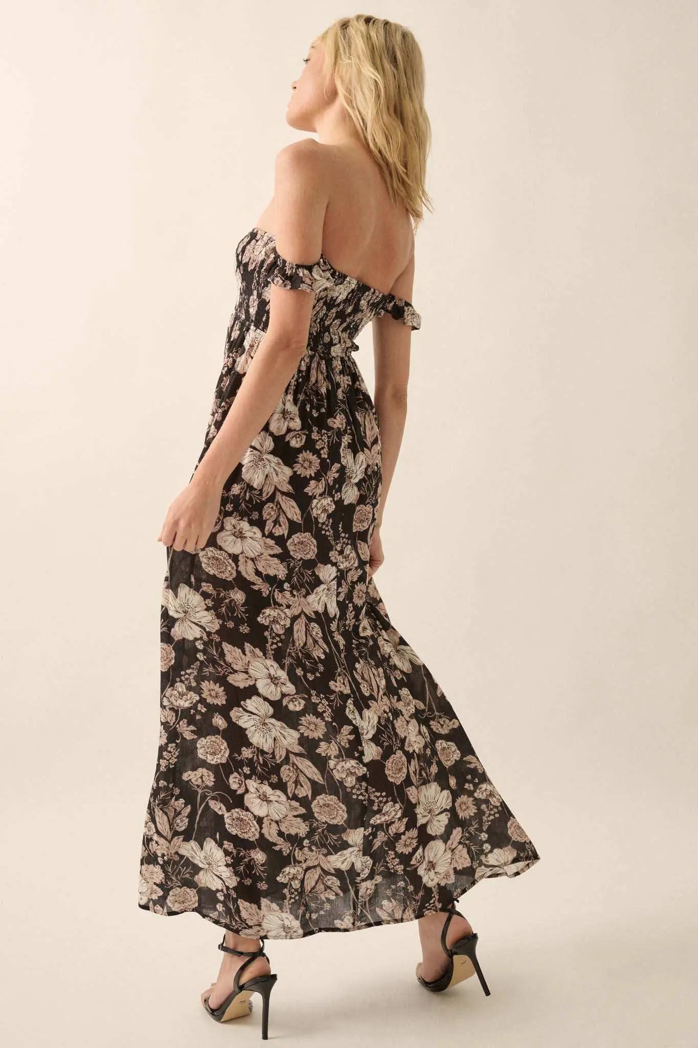 Chic Petals Smocked Floral Off-Shoulder Maxi Dress