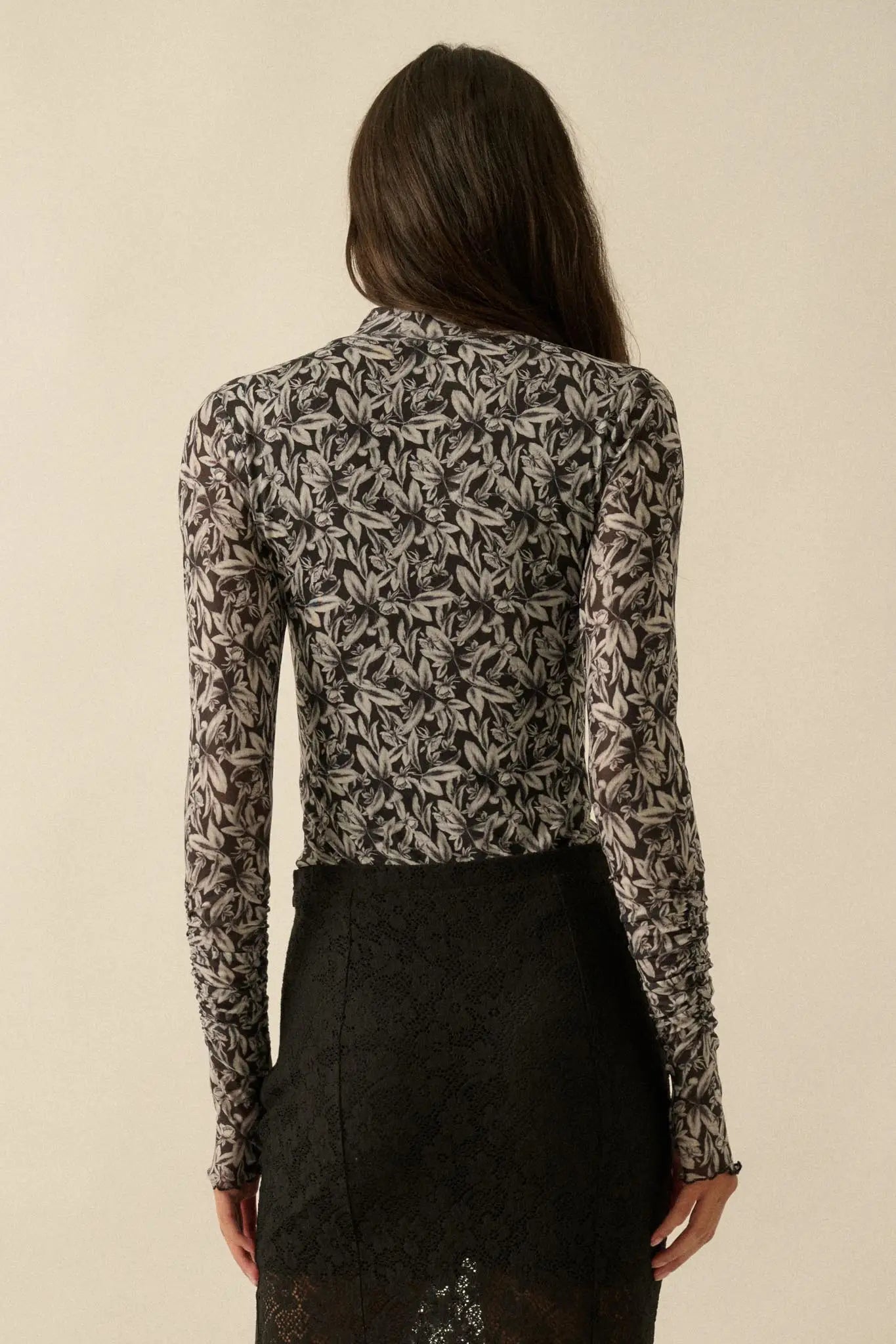 Pretty Petals Floral Mesh Mock-Neck Bodysuit