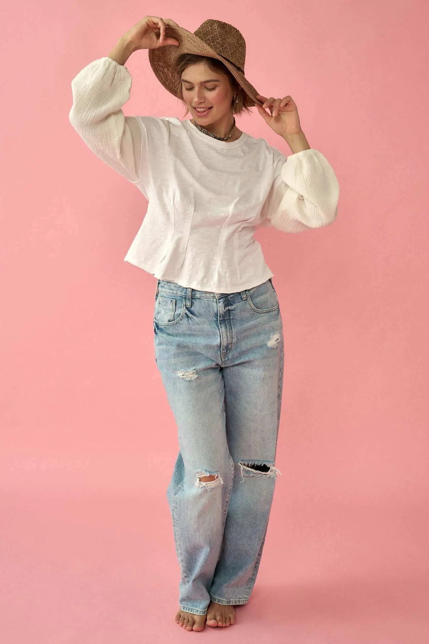 Hopeful Heart Mixed Media Pleated Long-Sleeve Top