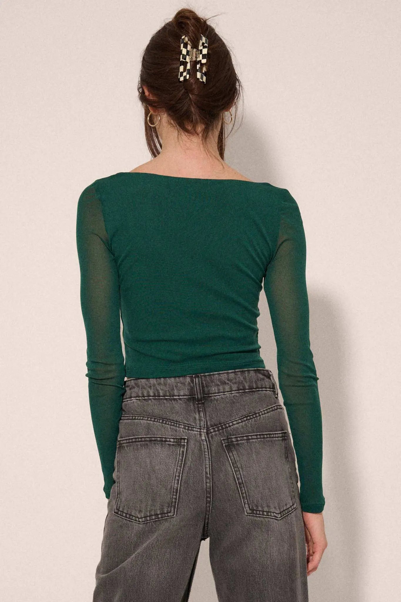 Sheer and Now Ruched Mesh Square Neck Crop Top