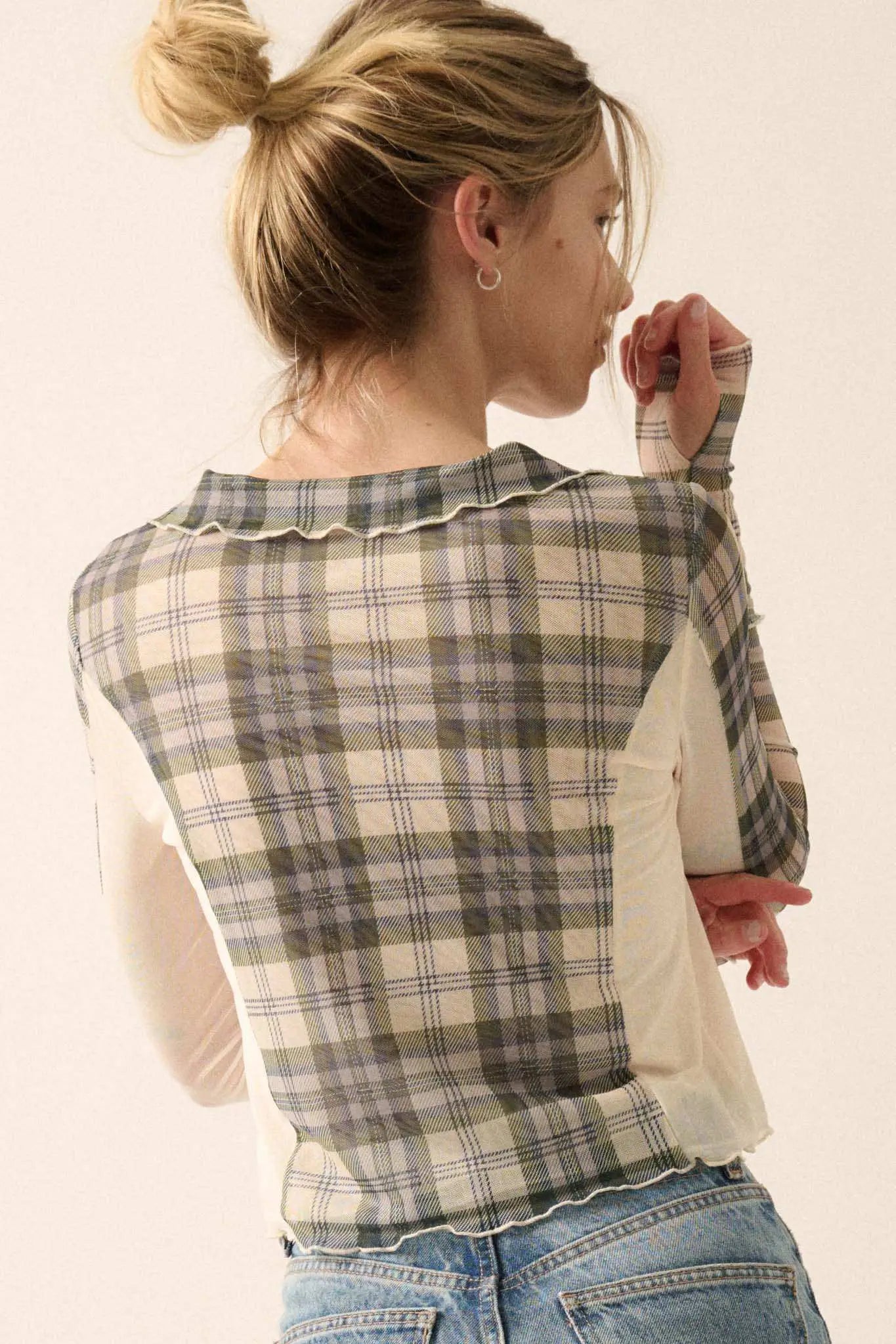 Plaid Habits Colorblock Mesh Thumbhole Top