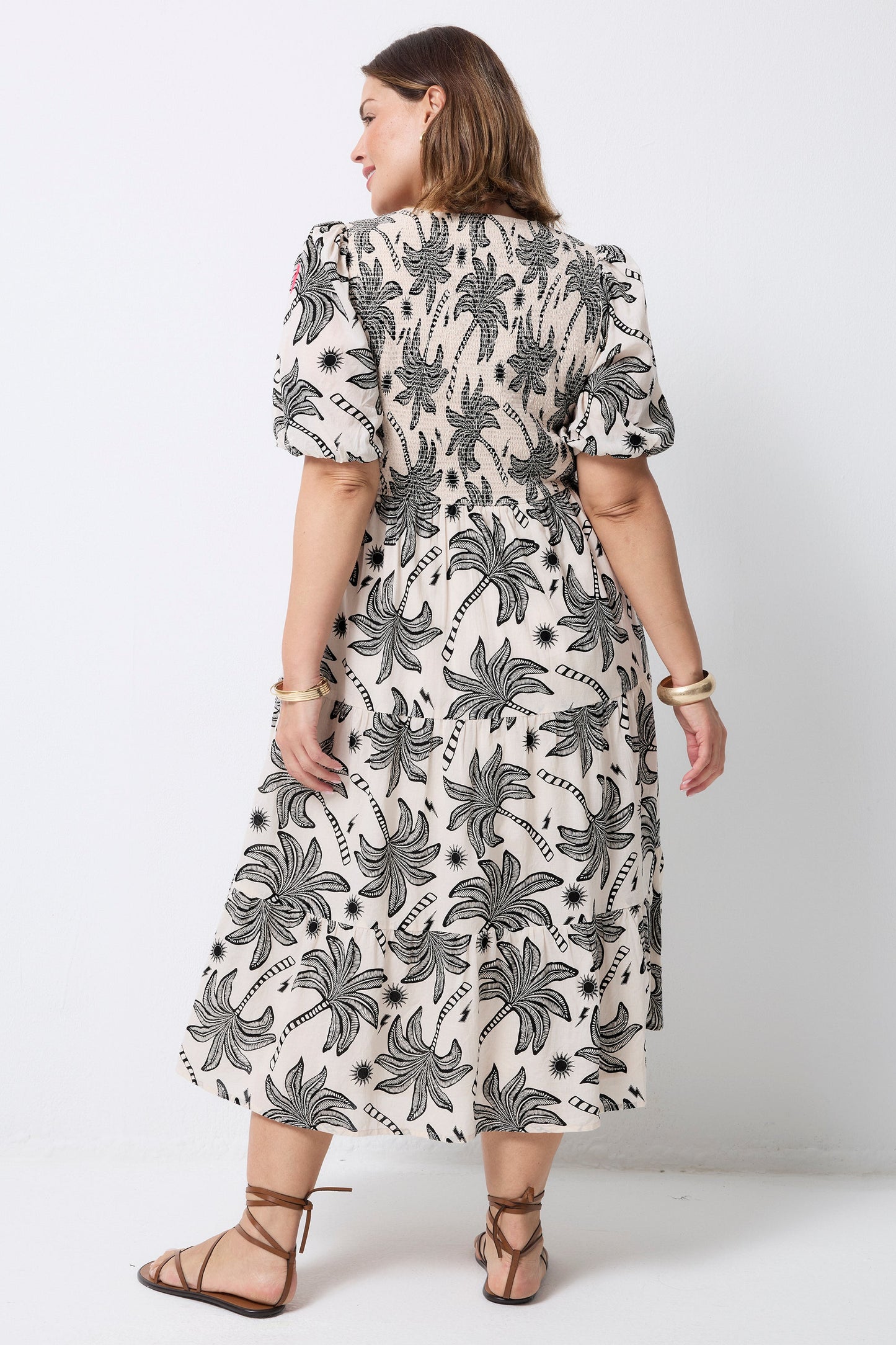 Neutral with Black Palm Spring Shirred Puff Sleeve Midi Dress
