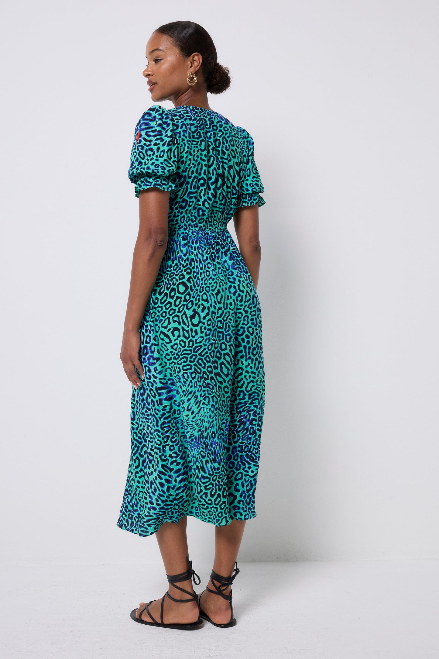 Green with Black Leopard Ray Flute Sleeve Midi Tea Dress