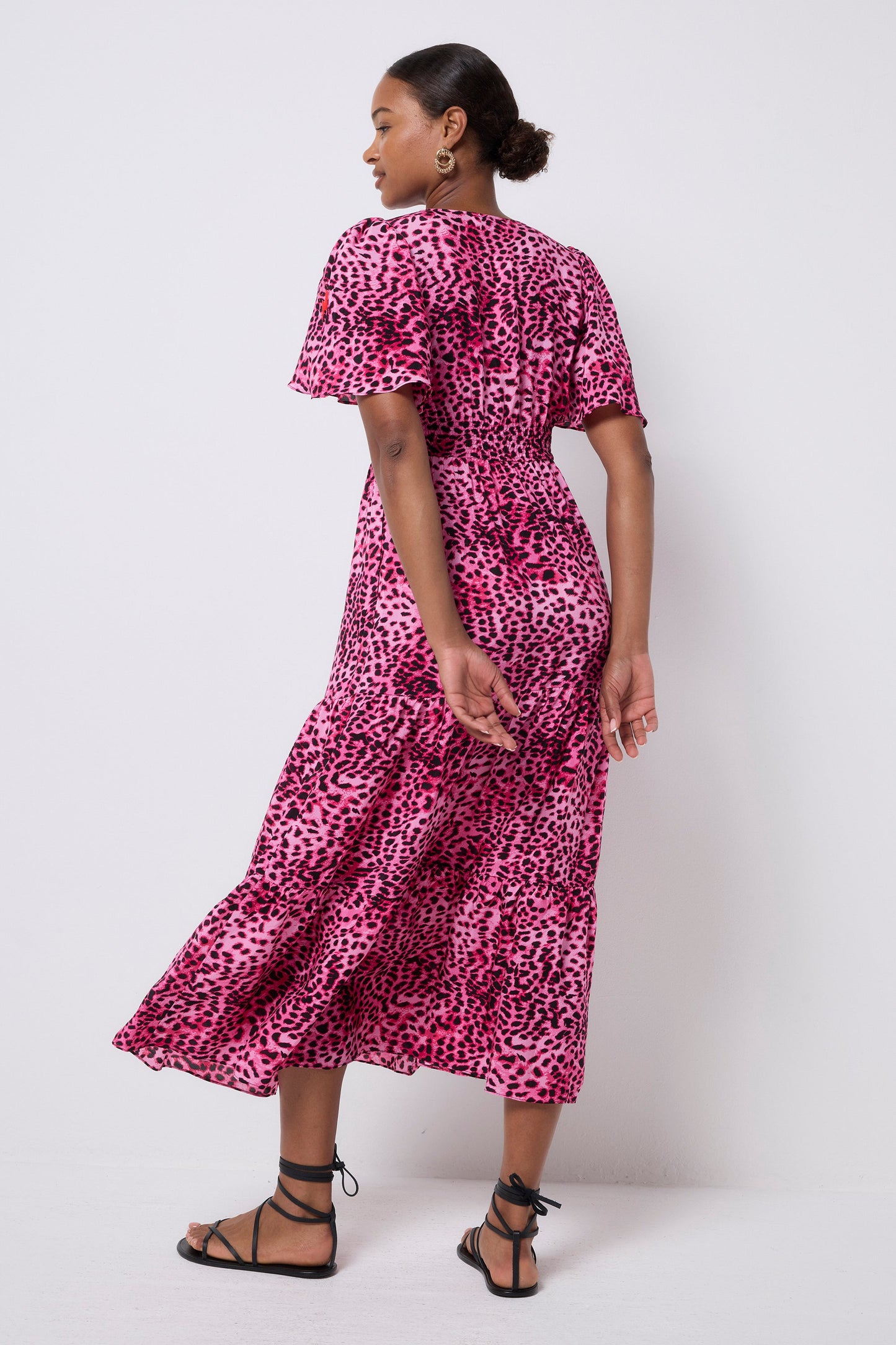 Bright Pink with Black Cheetah Tie Front Maxi Dress