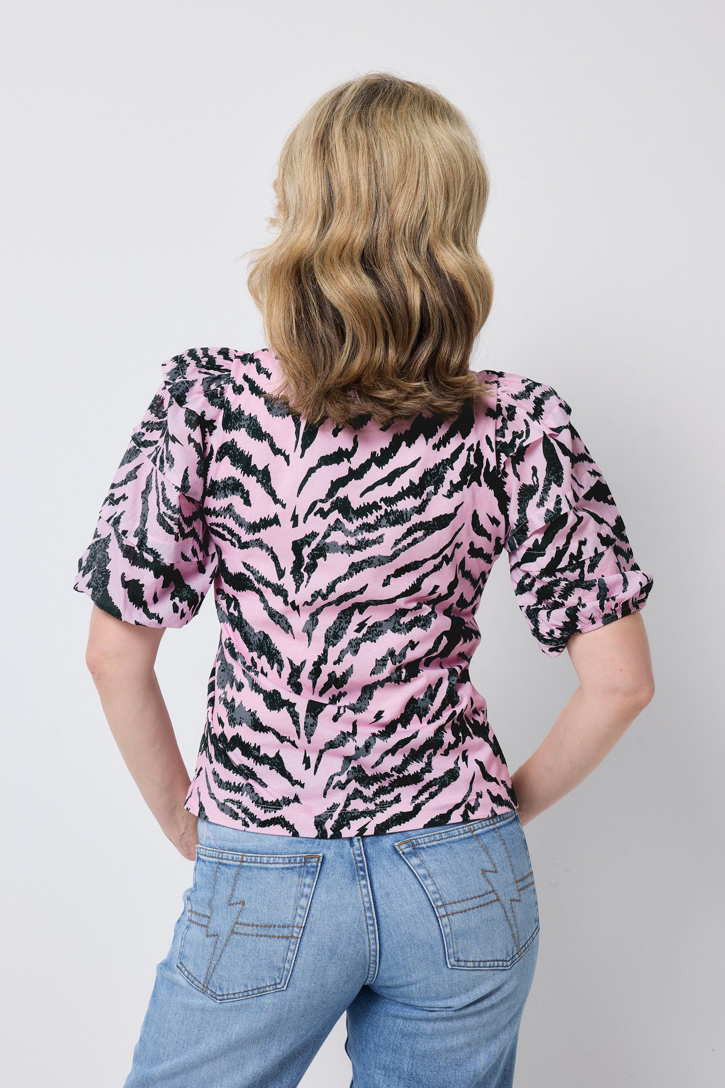 Pink with Black Texture Tiger Pintuck Sleeve T-Shirt