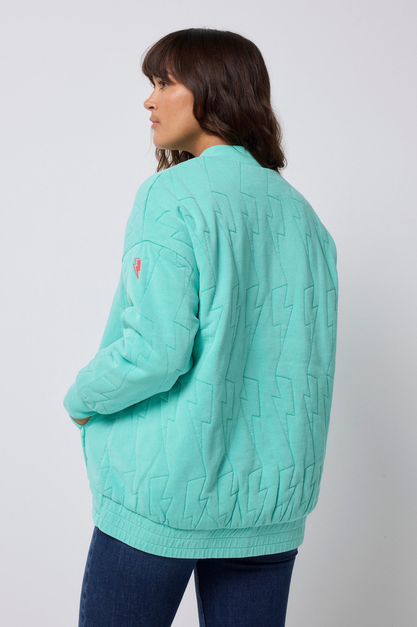 Turquoise Lightning Bolt Oversized Quilted Bomber Jacket