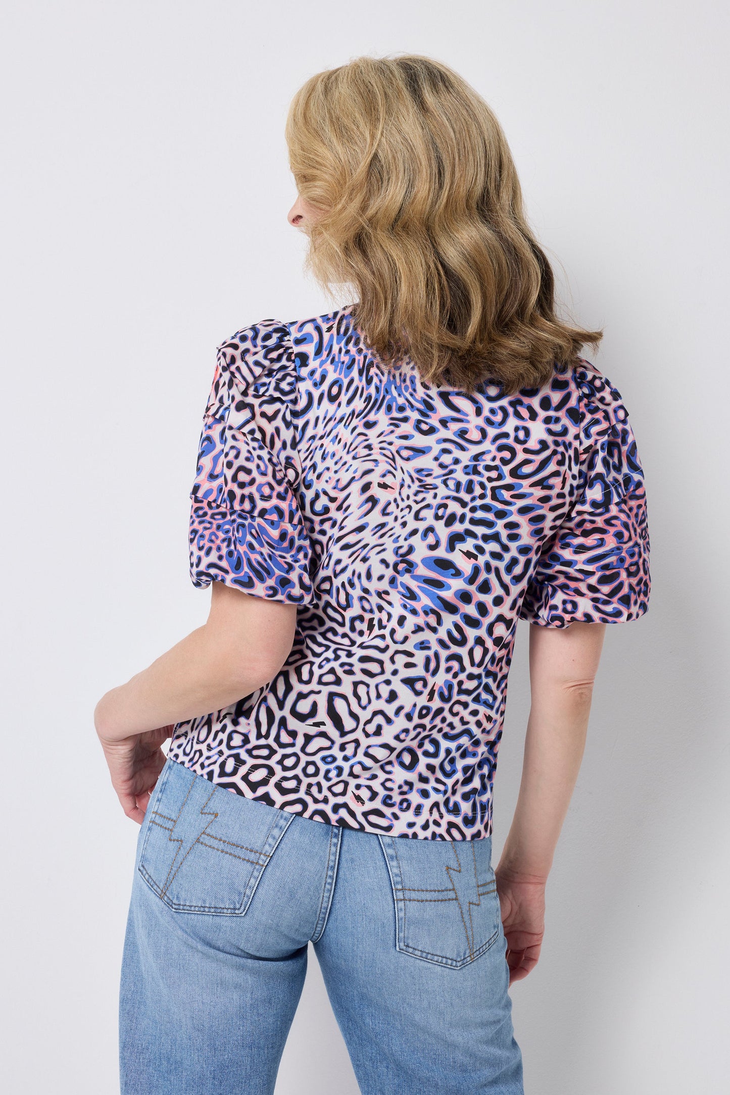 White with Blue and Pink Leopard Ray Pintuck Sleeve T-Shirt