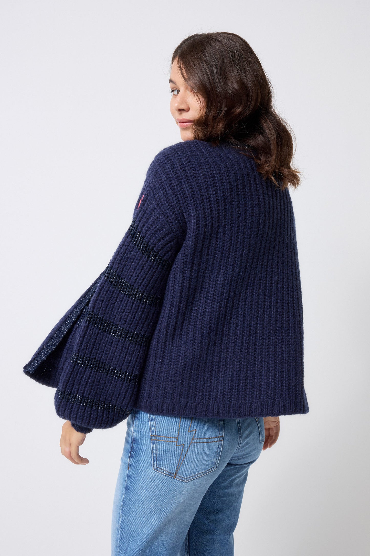 Navy Metallic Stripe Edge to Edge Cardigan