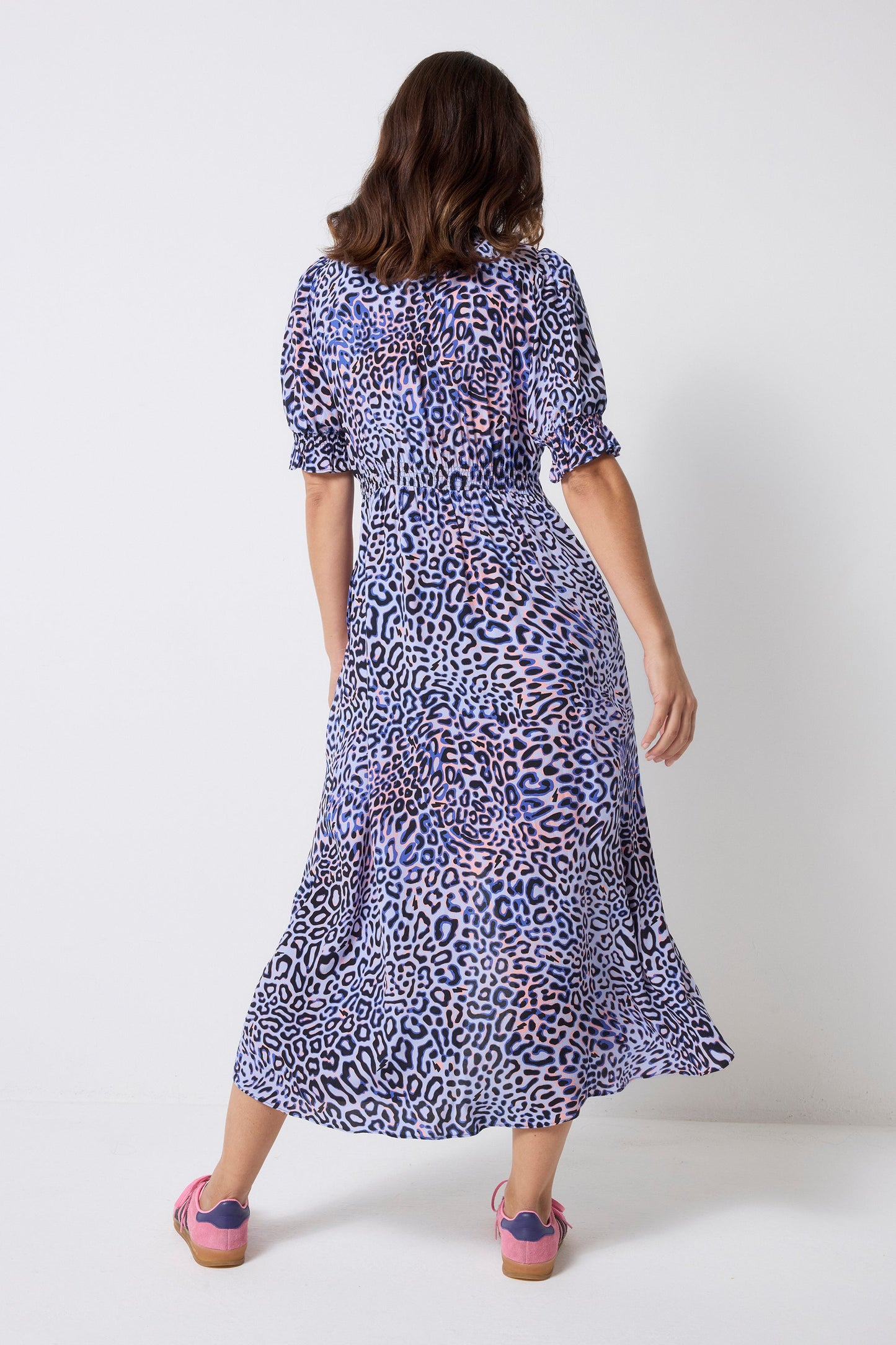 Lilac with Black and Pink Leopard Ray Flute Sleeve Midi Tea Dress