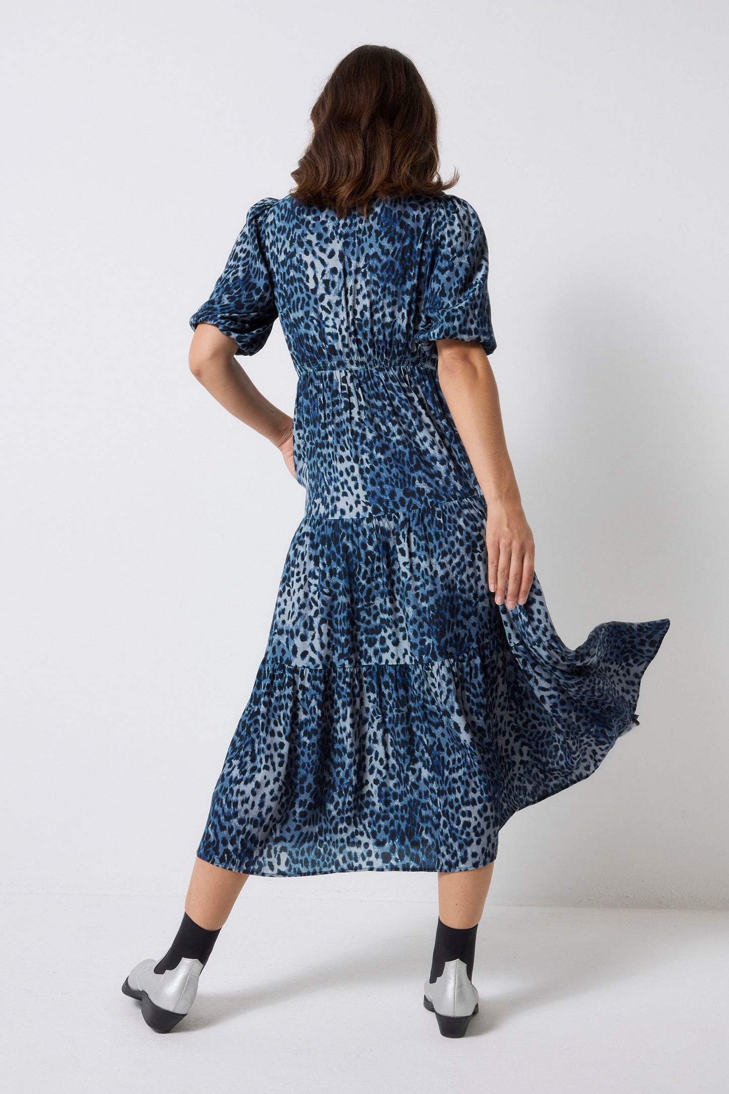 Navy Cheetah Square Neck Zip Detail Tiered Midi Dress