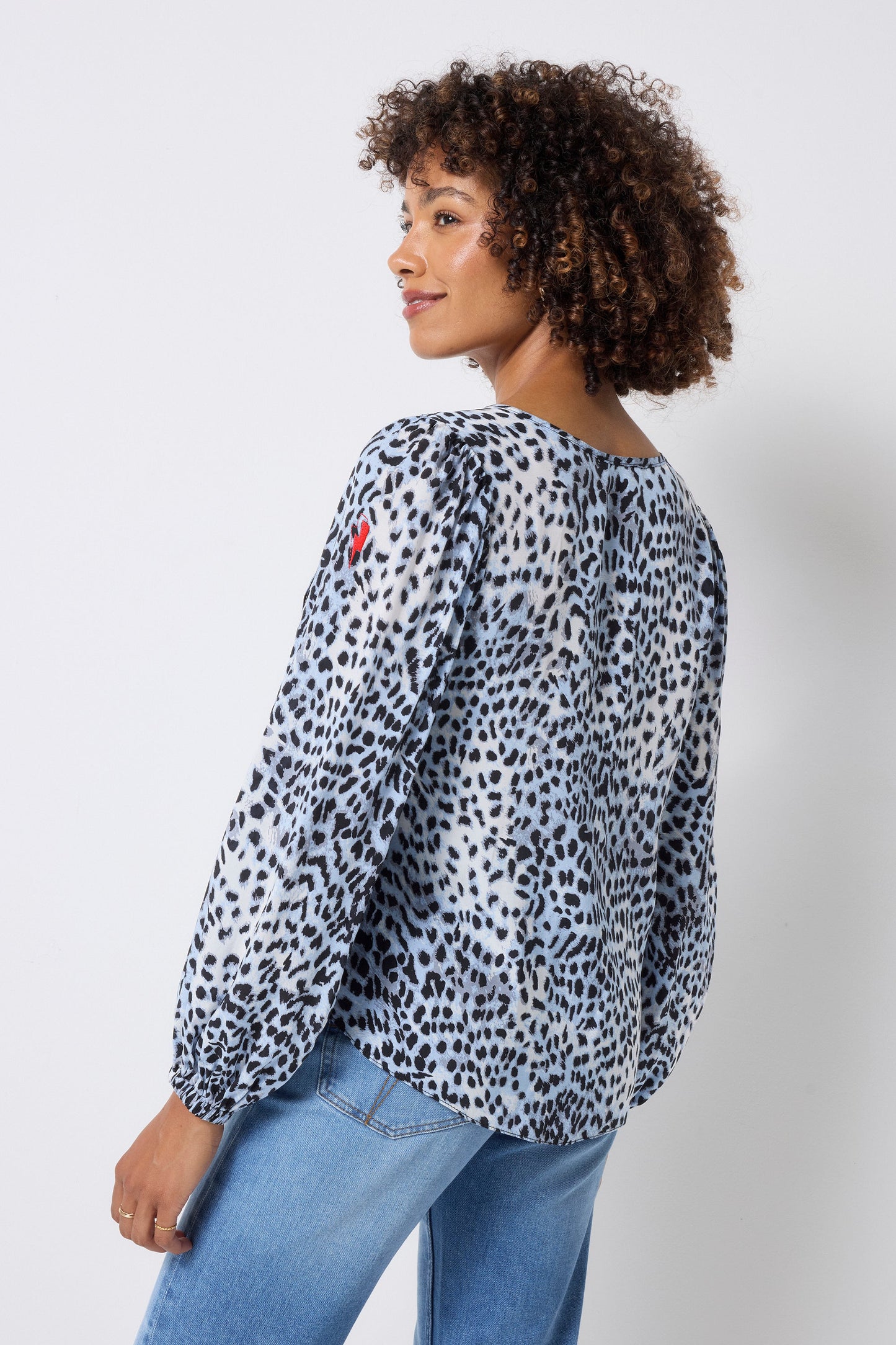 Blue Cheetah Shirred Yoke Balloon Sleeve Blouse