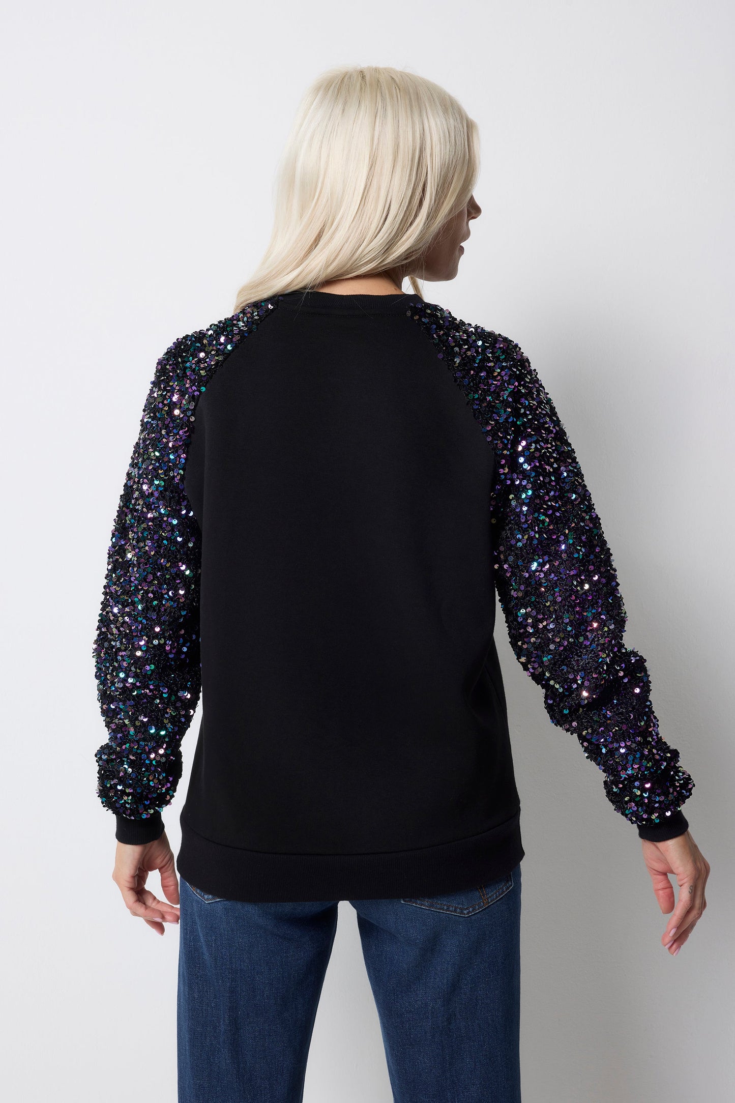 Black with Purple Iridescent Sequin Sleeve Raglan Sweatshirt