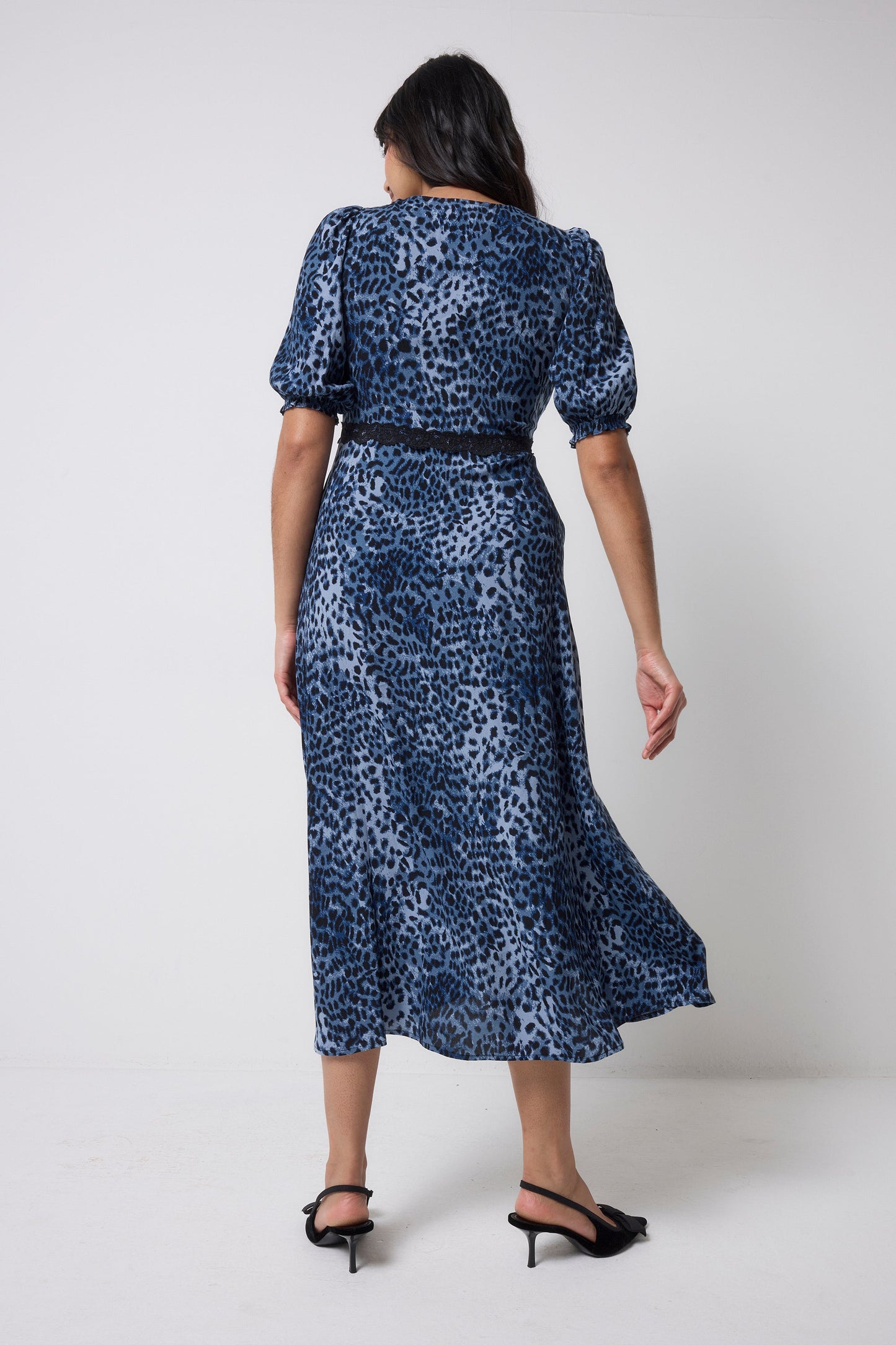 Navy Cheetah Lace Trim Puff Sleeve Midi Tea Dress