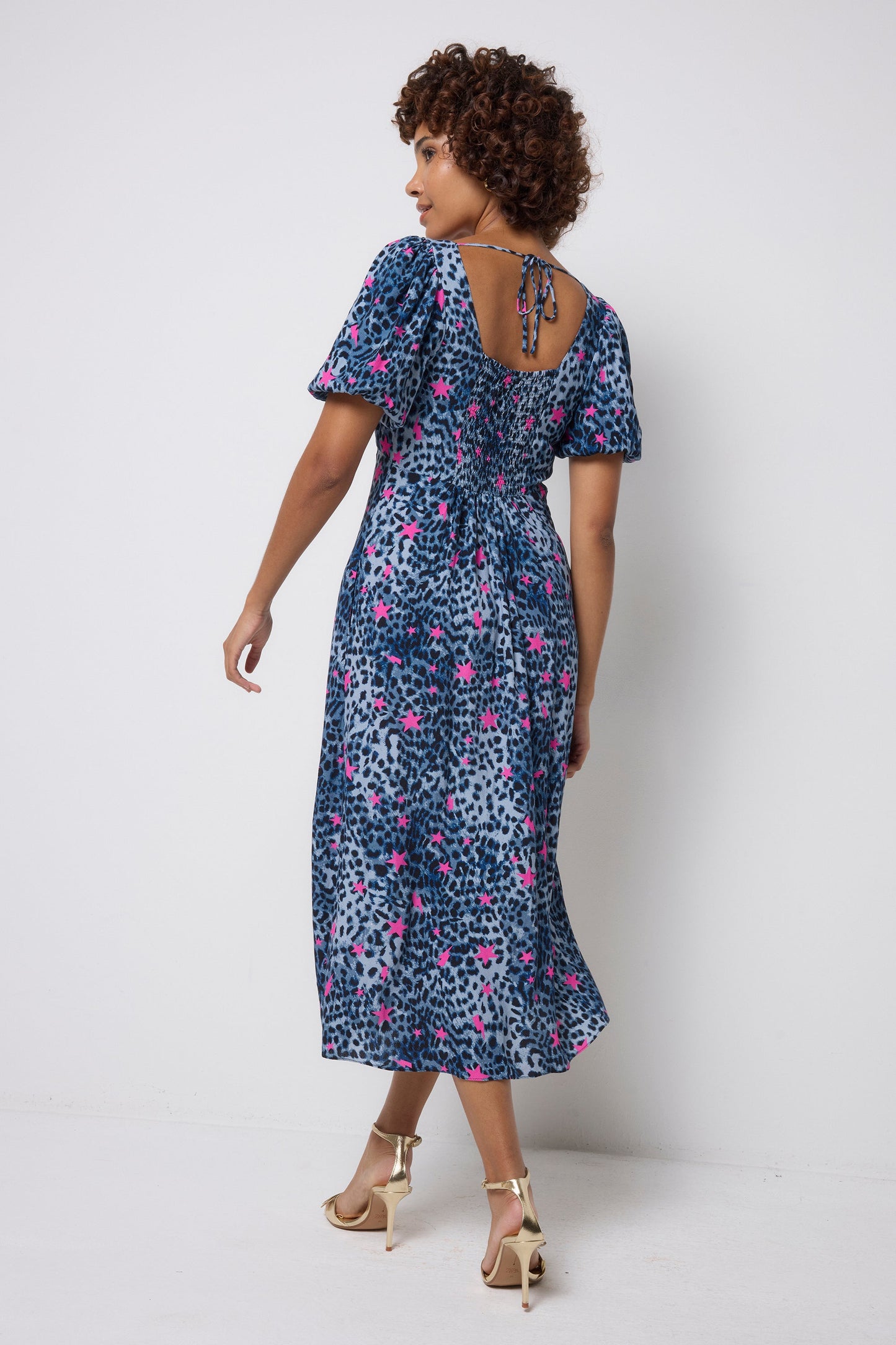 Navy with Pink Star Cheetah Puff Sleeve Midi Tea Dress
