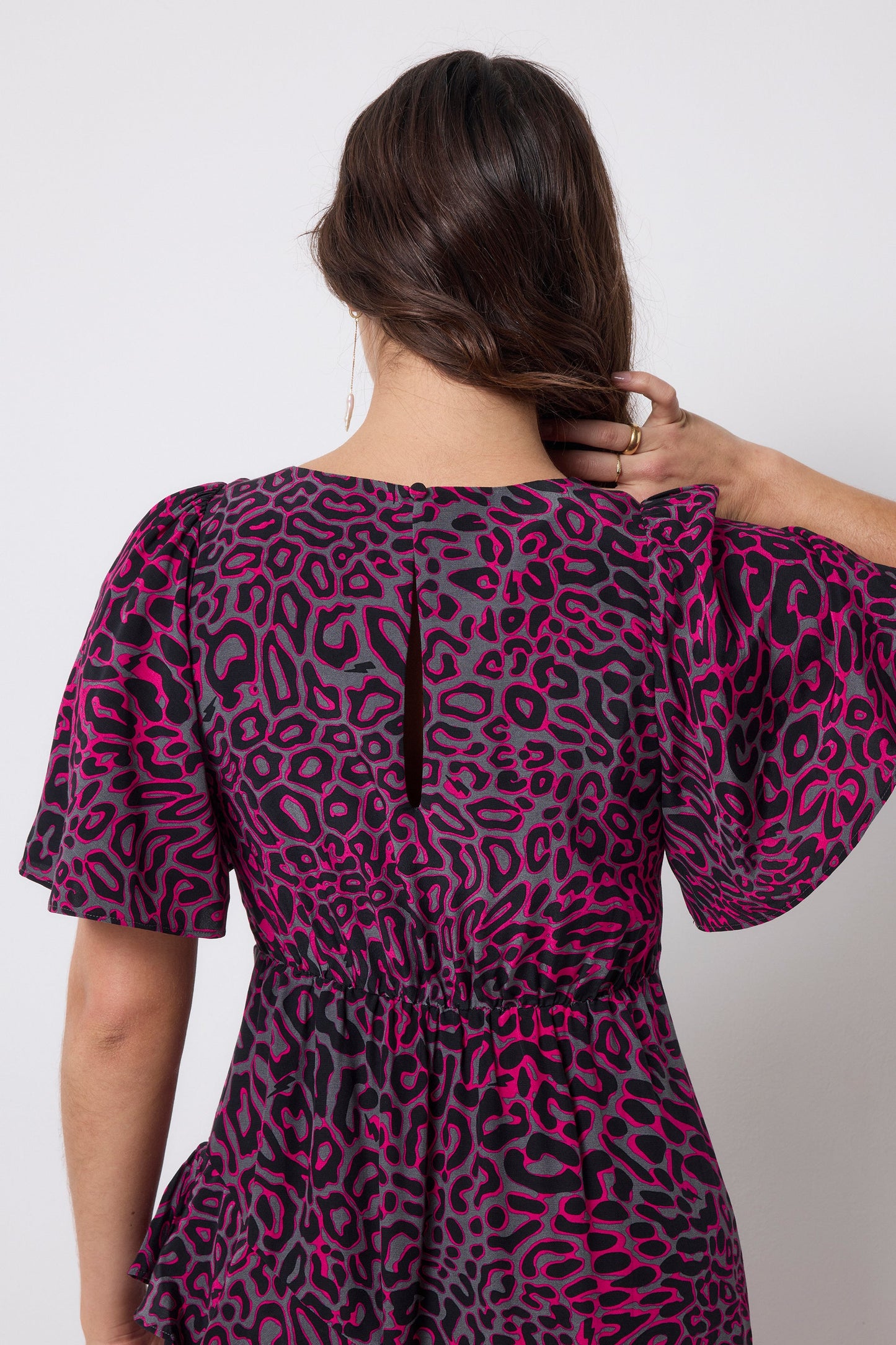 Grey with Pink Leopard Ray Ruffle Detail Midi Dress